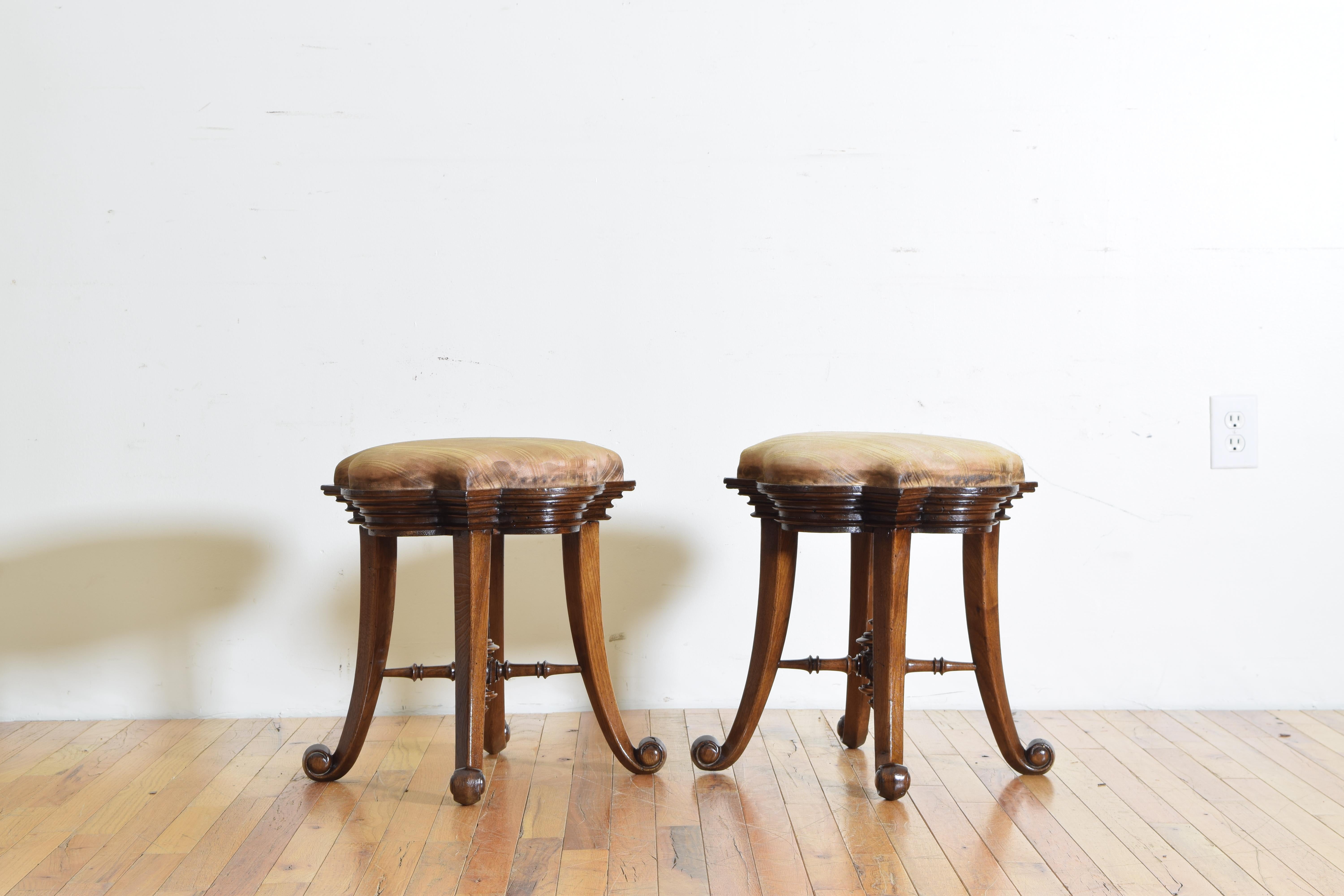Pair of Spanish Art Nouveau Inspired Oak and Upholstered Stools 1