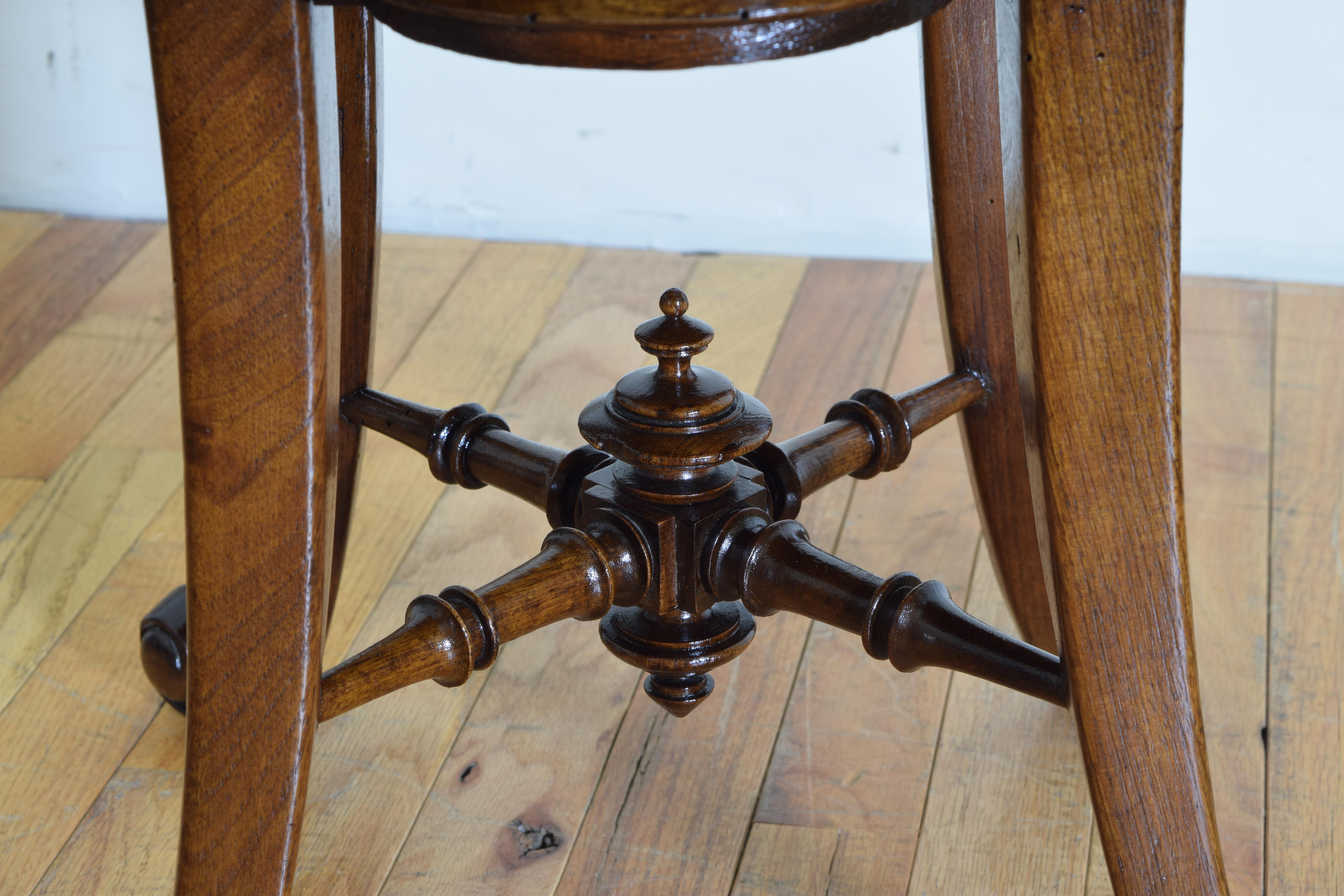 Pair of Spanish Art Nouveau Inspired Oak and Upholstered Stools 3