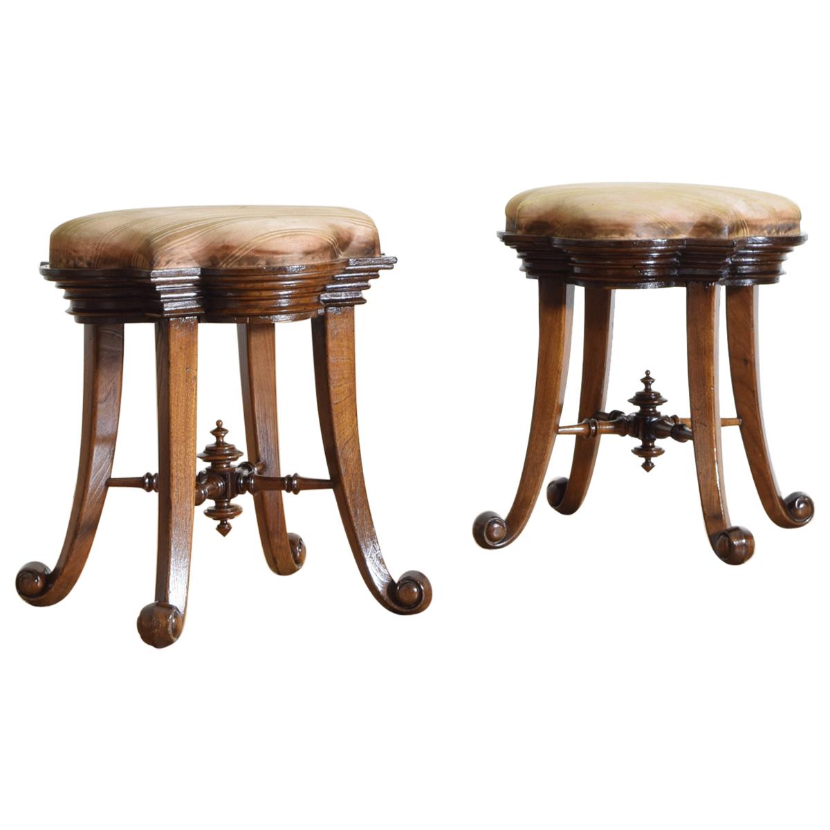 Pair of Spanish Art Nouveau Inspired Oak and Upholstered Stools