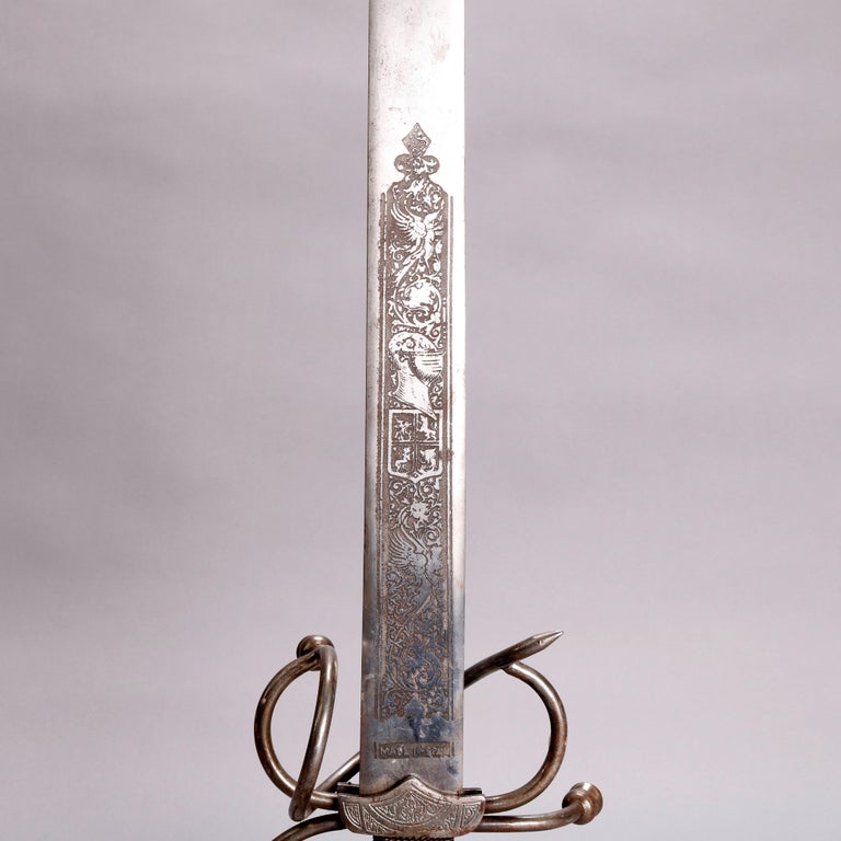 Pair of Spanish Ceremonial Engraved Steel Dueling Swords, 19th Century