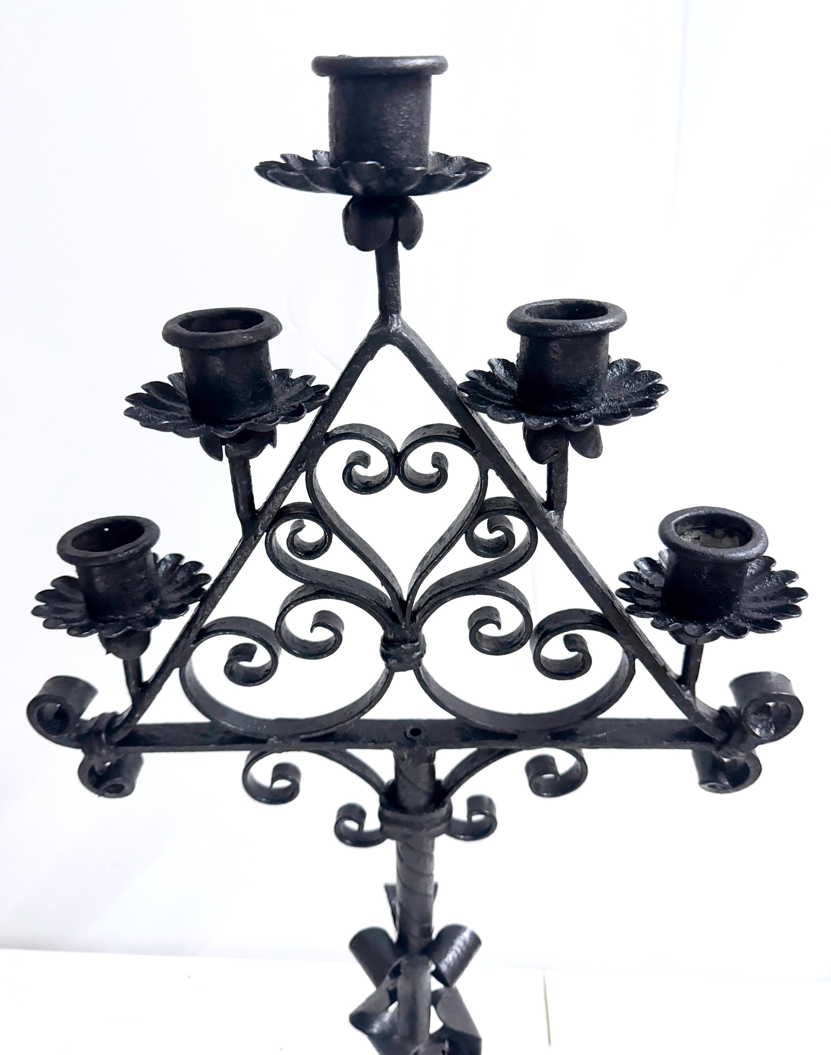 Pair Spanish Colonial Style Forged Iron Candelabra, Atrib. to Addison Mizner  In Good Condition For Sale In West Palm Beach, FL