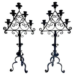 Antique Pair Spanish Colonial Style Forged Iron Candelabra, Atrib. to Addison Mizner 