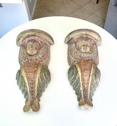Pair Spanish Colonial Wood Polychrome Cherub Corbel Wall Brackets