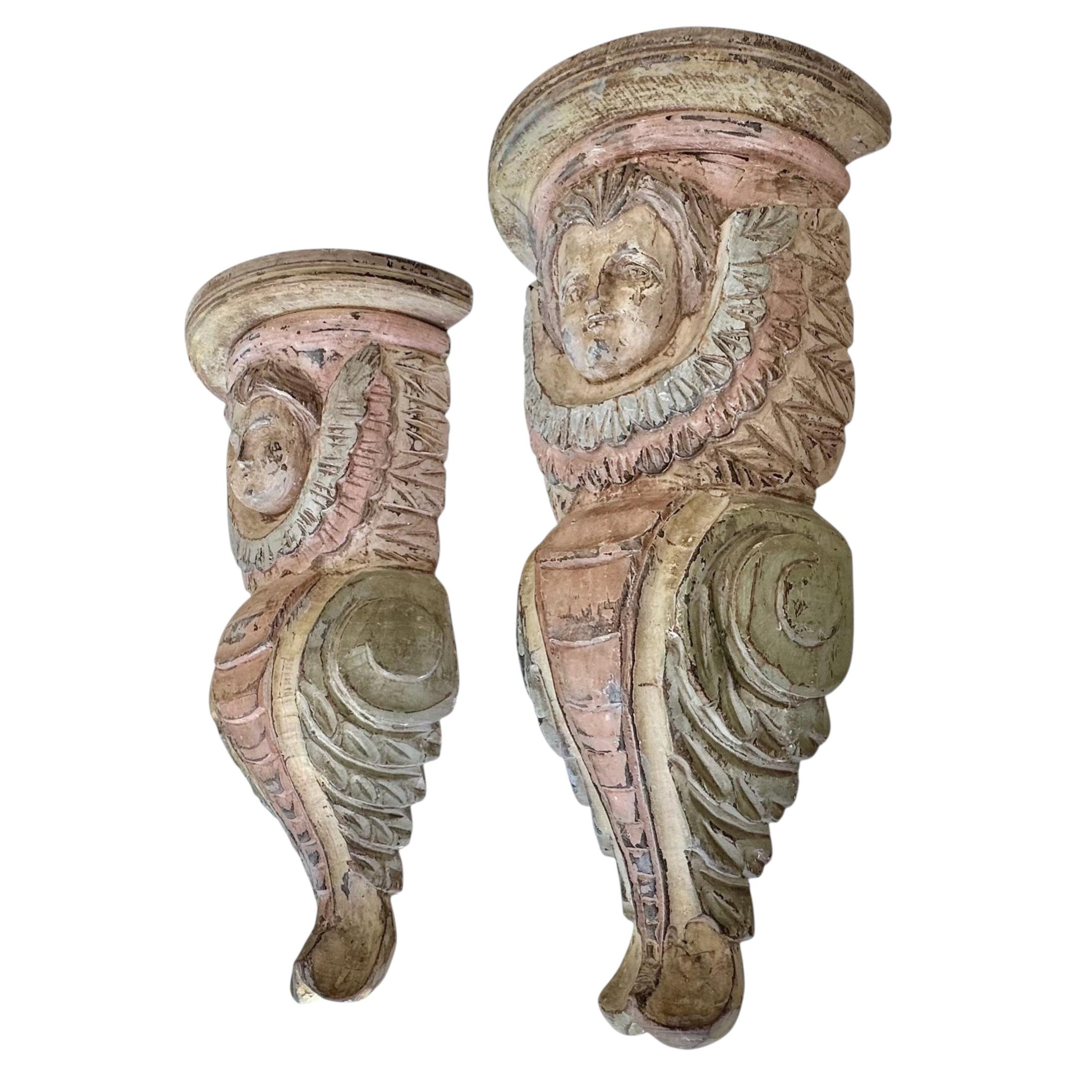 Pair Spanish Colonial Wood Polychrome Cherub Corbel Wall Brackets For Sale