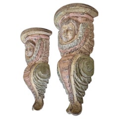Pair Spanish Colonial Wood Polychrome Cherub Corbel Wall Brackets