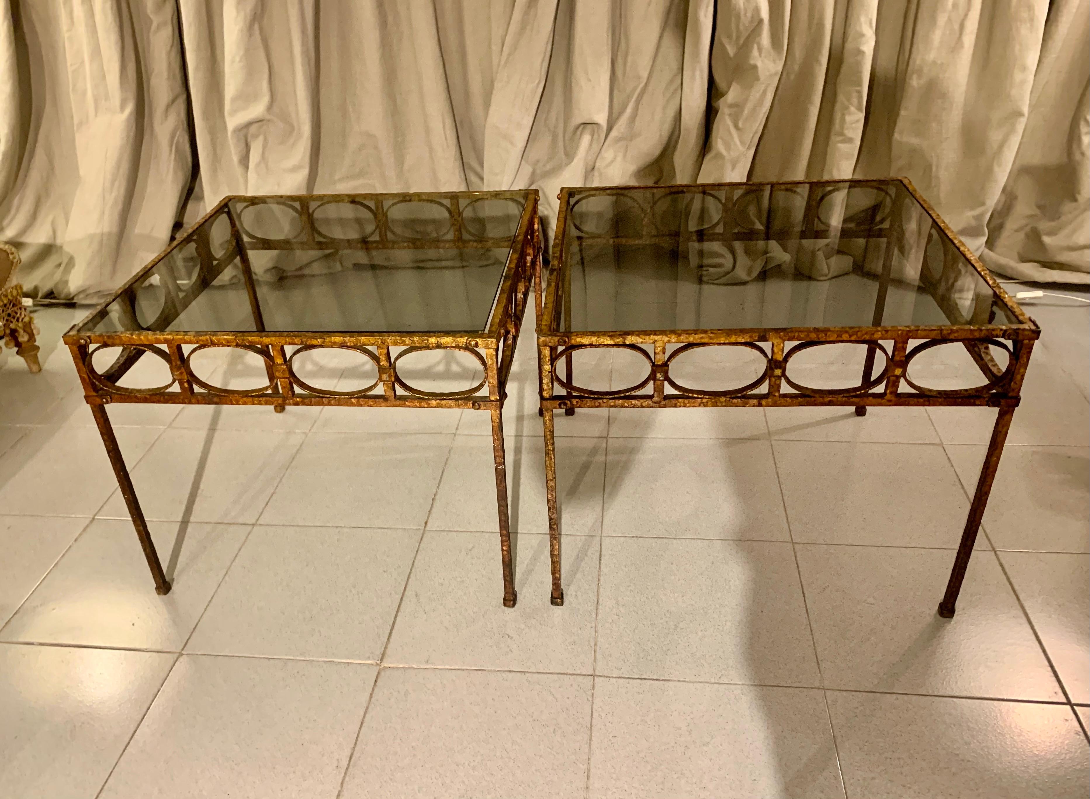 Pair Spanish Gilt Hammer Iron Side Tables with Smoked Glass Top For Sale 5