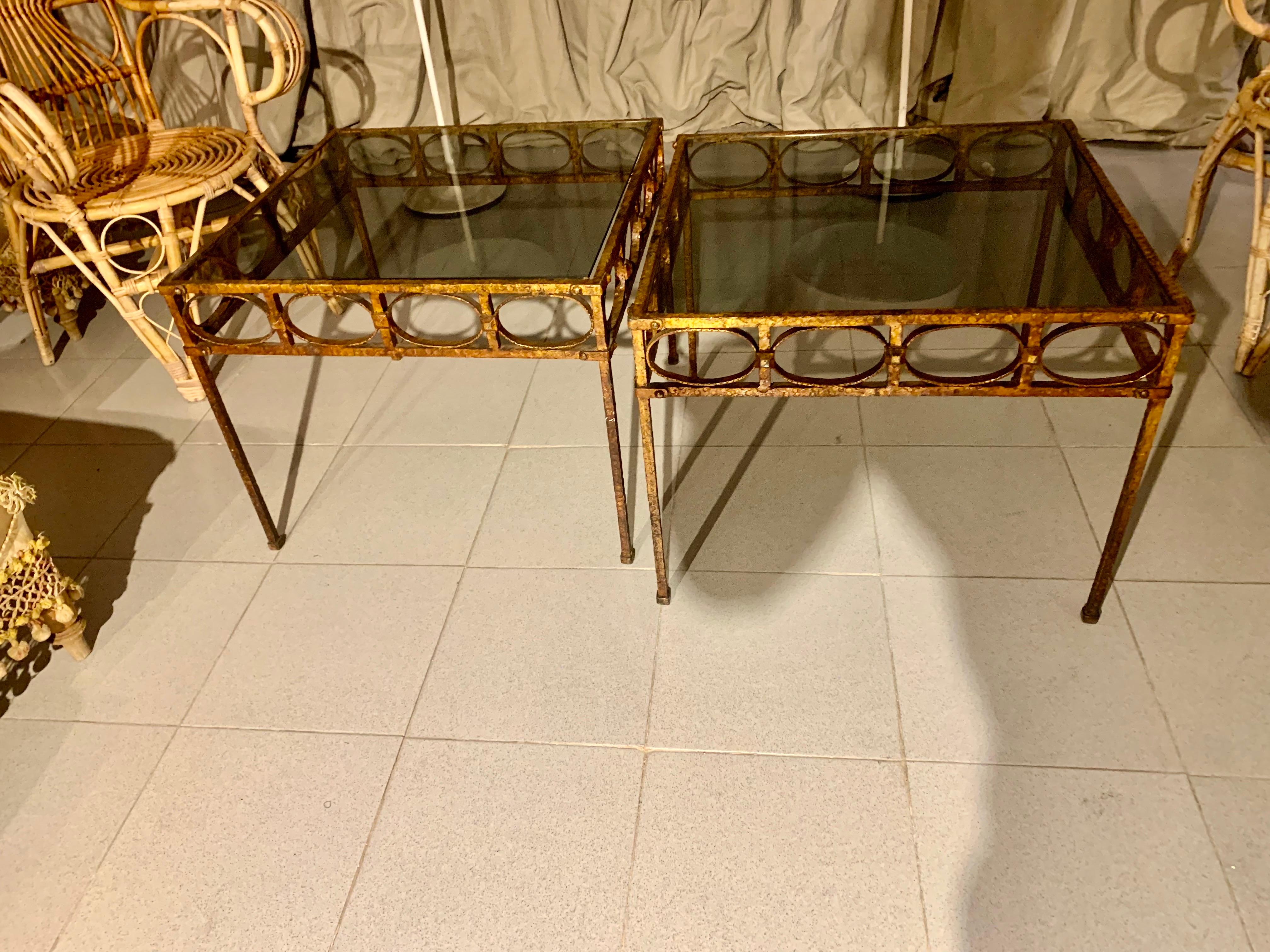 Pair Spanish Gilt Hammer Iron Side Tables with Smoked Glass Top For Sale 6