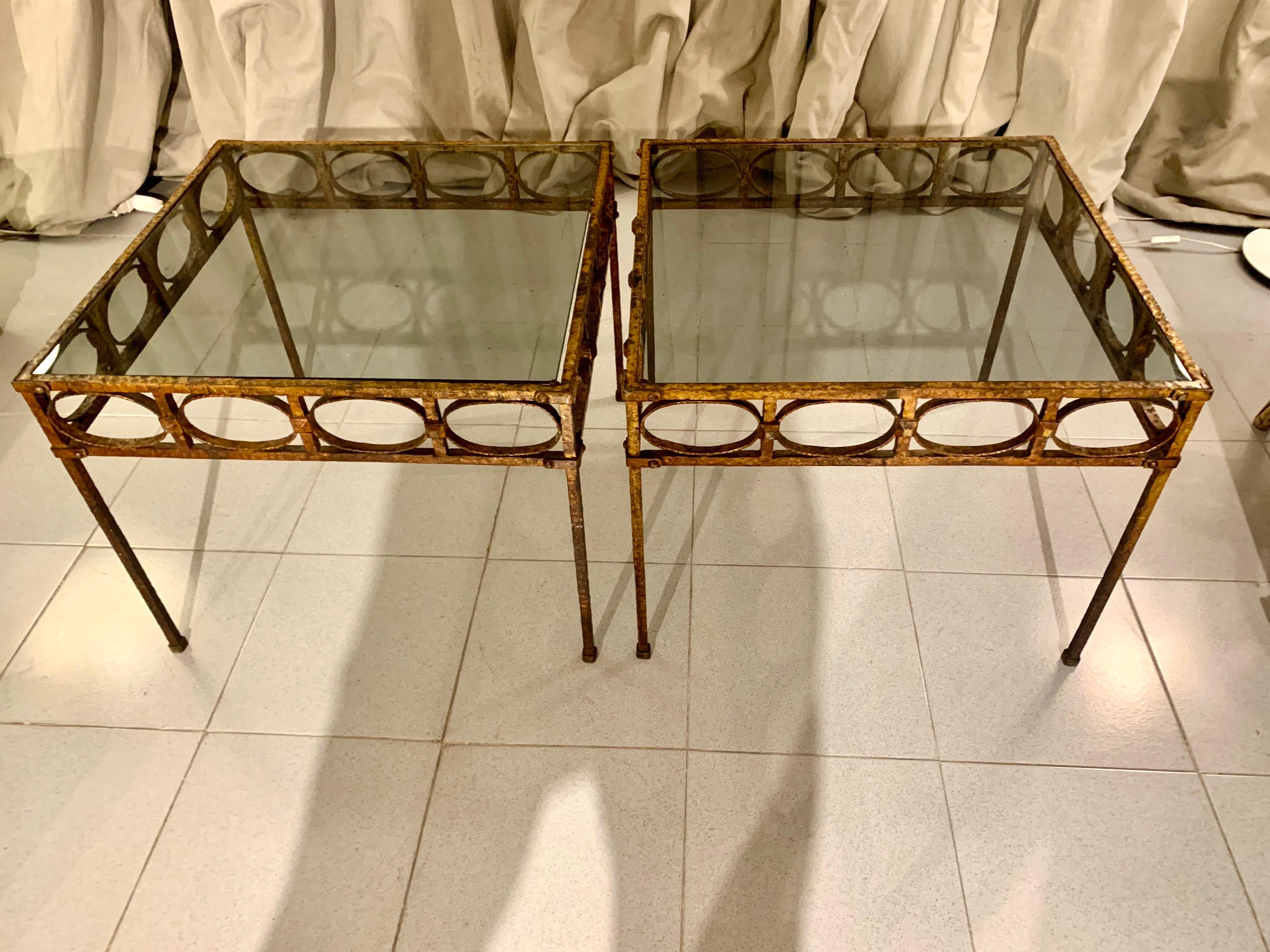 Pair Spanish Gilt Hammer Iron Side Tables with Smoked Glass Top For Sale 8