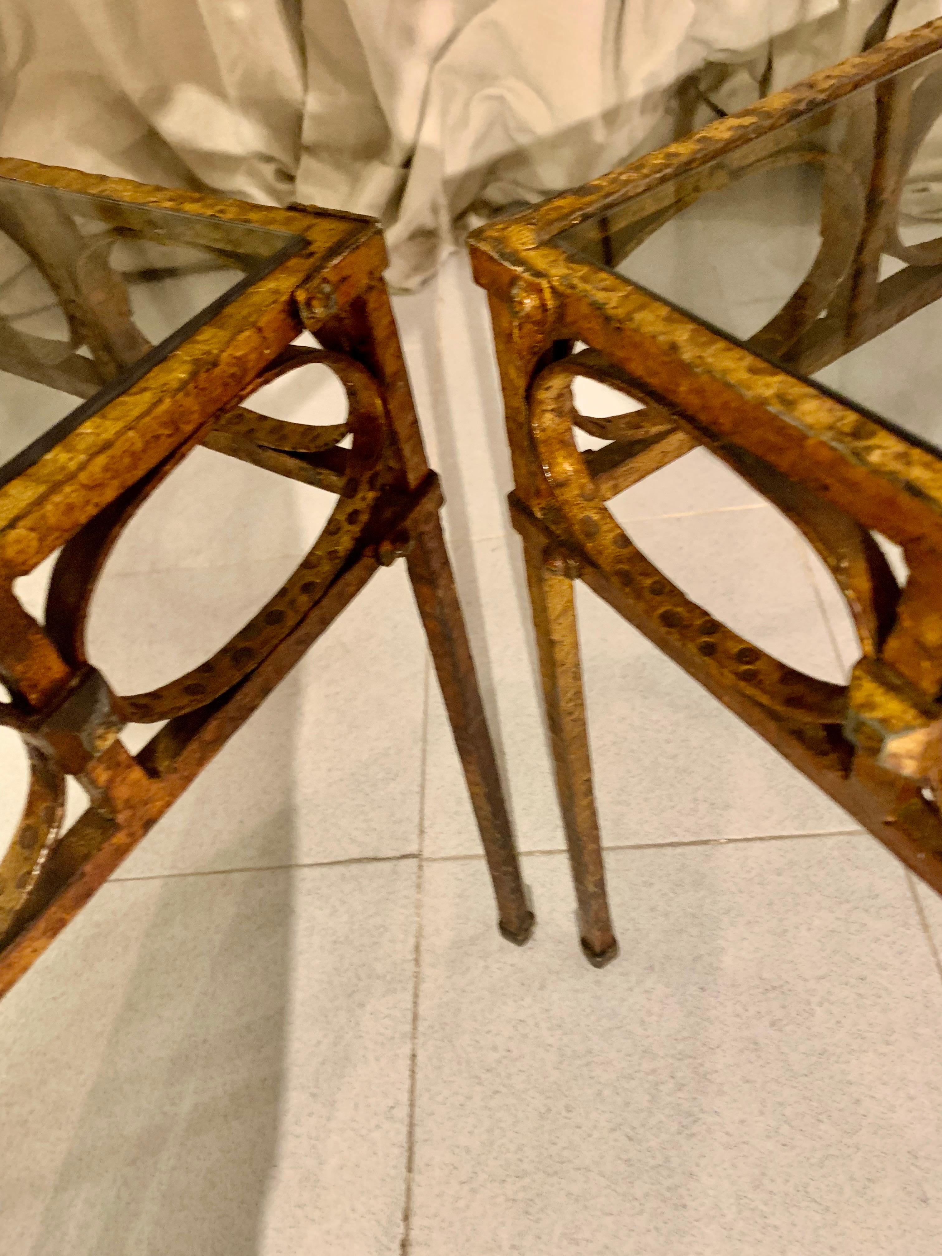 Pair Spanish Gilt Hammer Iron Side Tables with Smoked Glass Top For Sale 9
