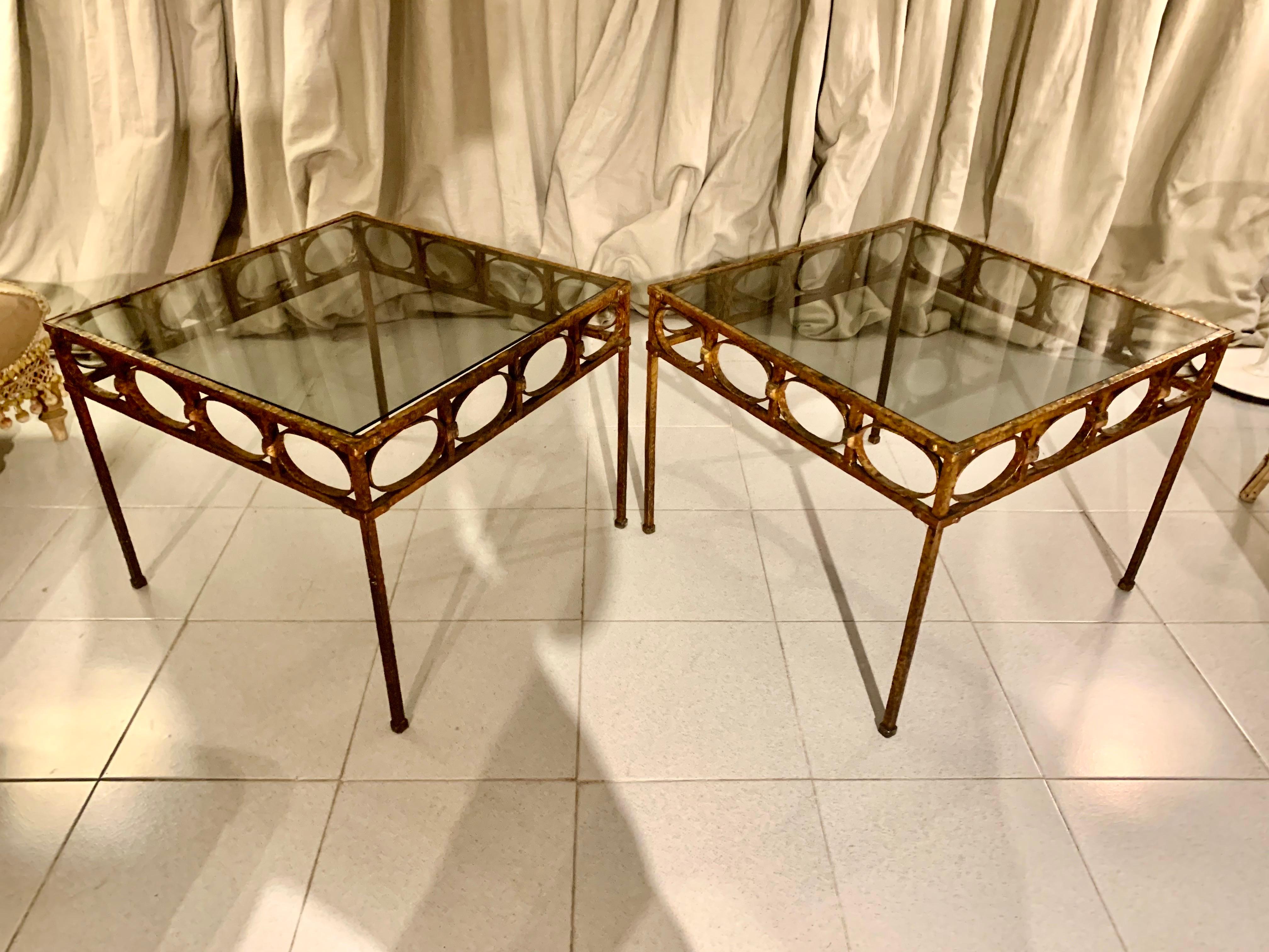 Pair Spanish Gilt Hammer Iron Side Tables with Smoked Glass Top For Sale 12