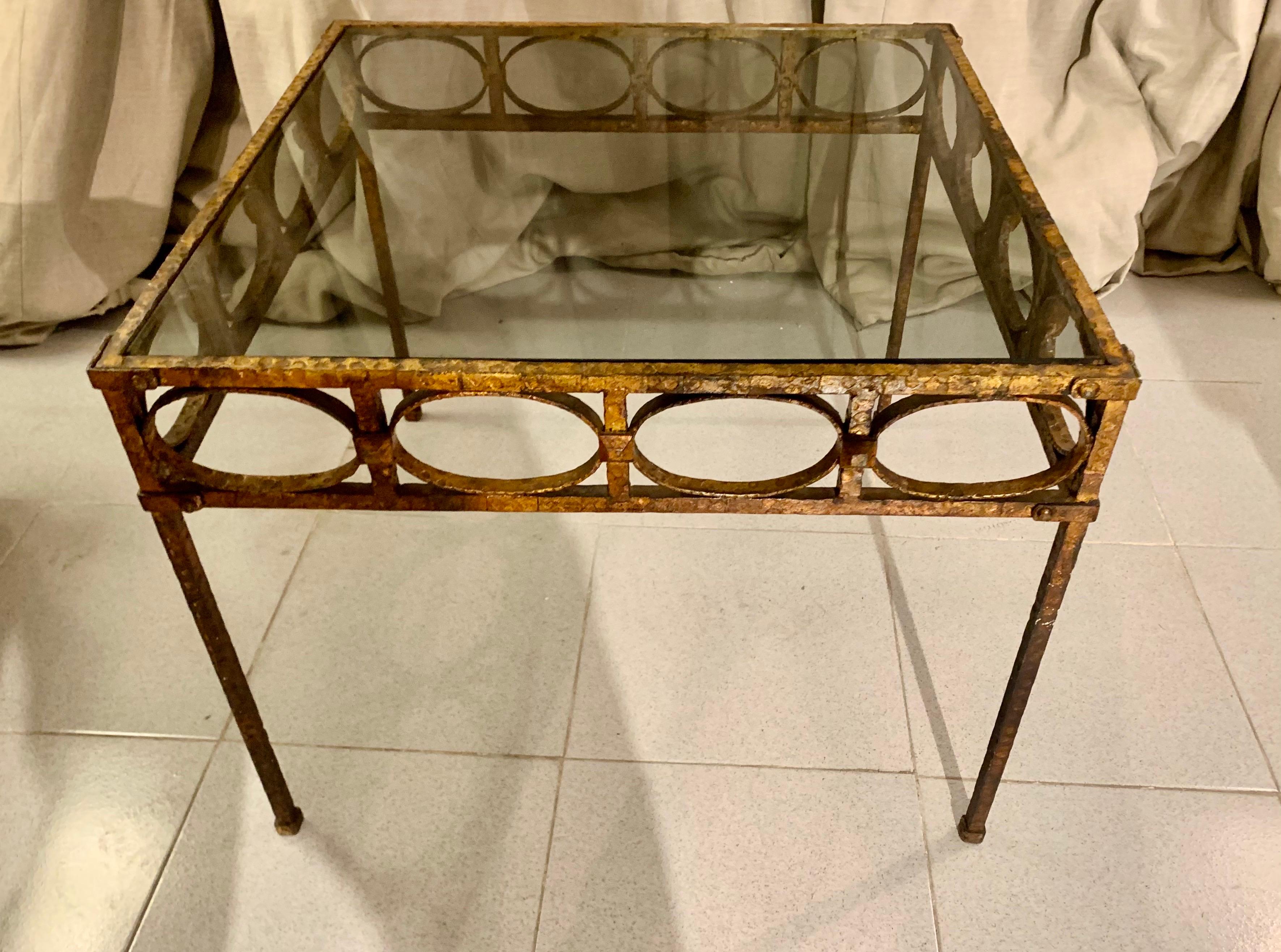Pair Spanish Gilt Hammer Iron Side Tables with Smoked Glass Top For Sale 13