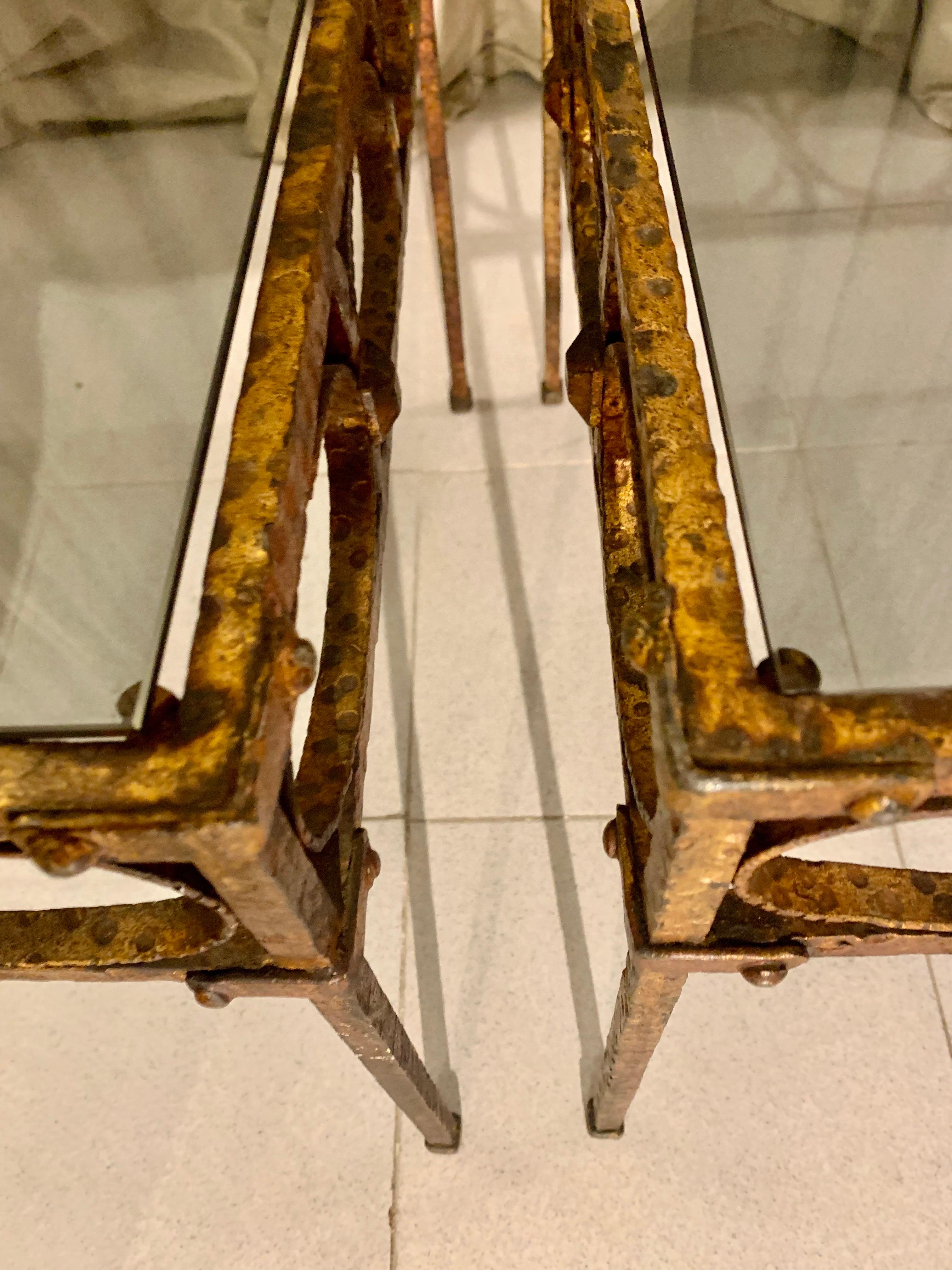 Pair Spanish Gilt Hammer Iron Side Tables with Smoked Glass Top For Sale 14