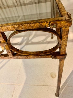 Pair Spanish Gilt Hammer Iron Side Tables with Smoked Glass Top
