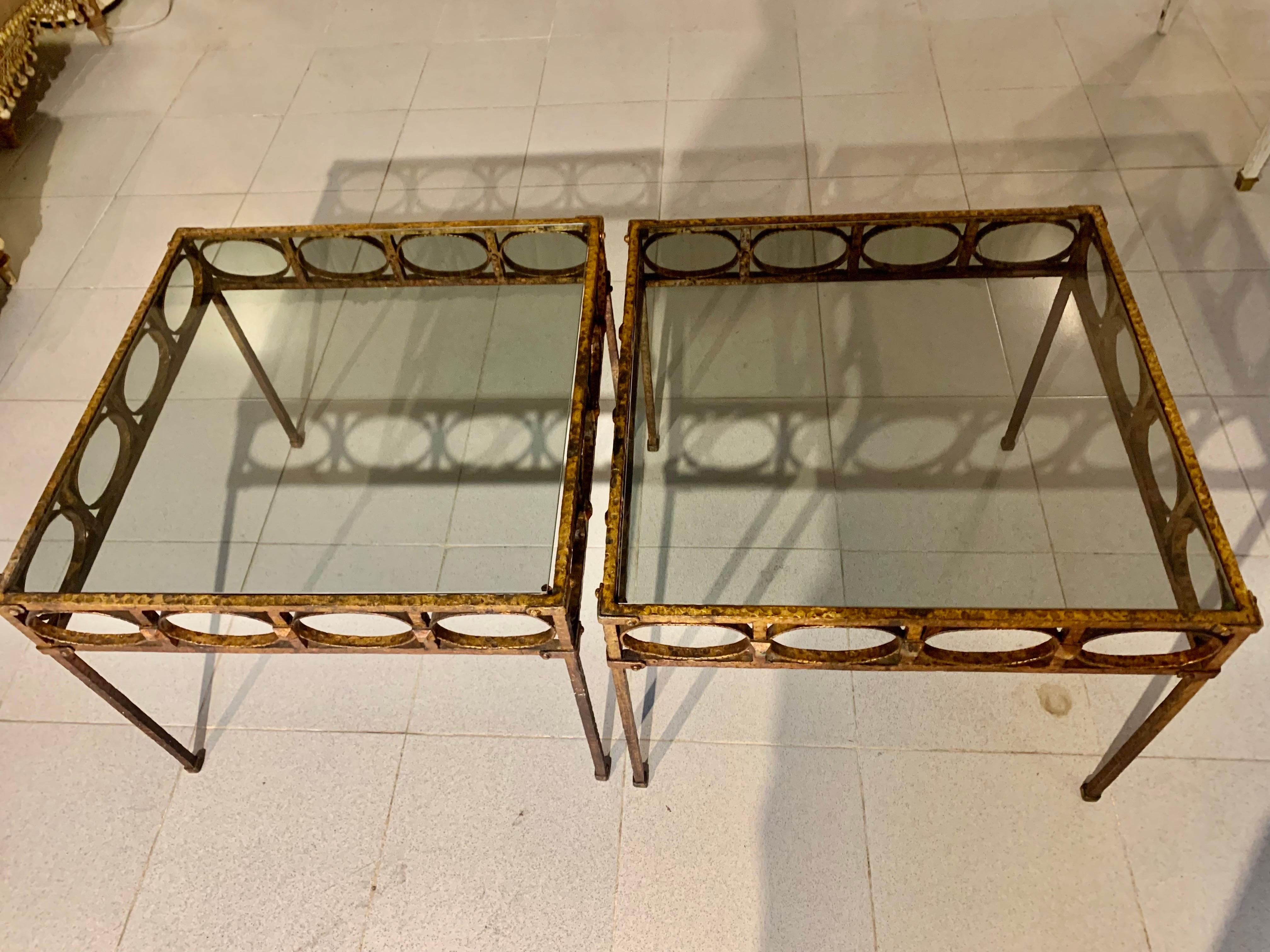 Mid-Century Modern Pair Spanish Gilt Hammer Iron Side Tables with Smoked Glass Top For Sale