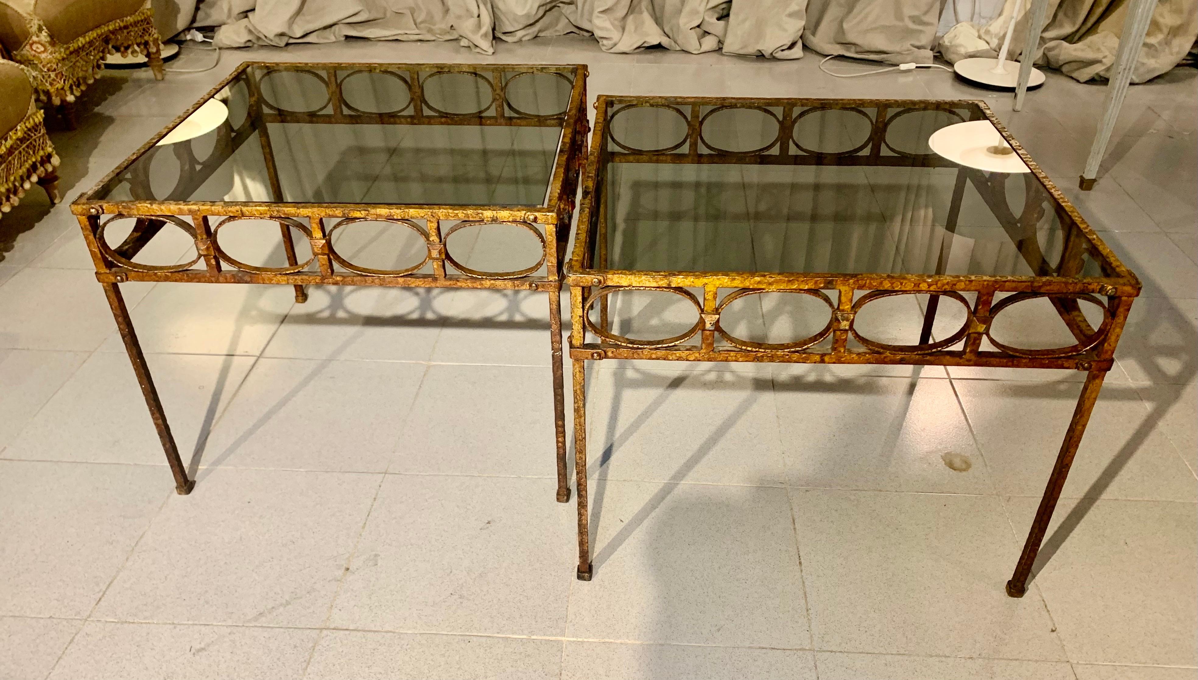 20th Century Pair Spanish Gilt Hammer Iron Side Tables with Smoked Glass Top For Sale