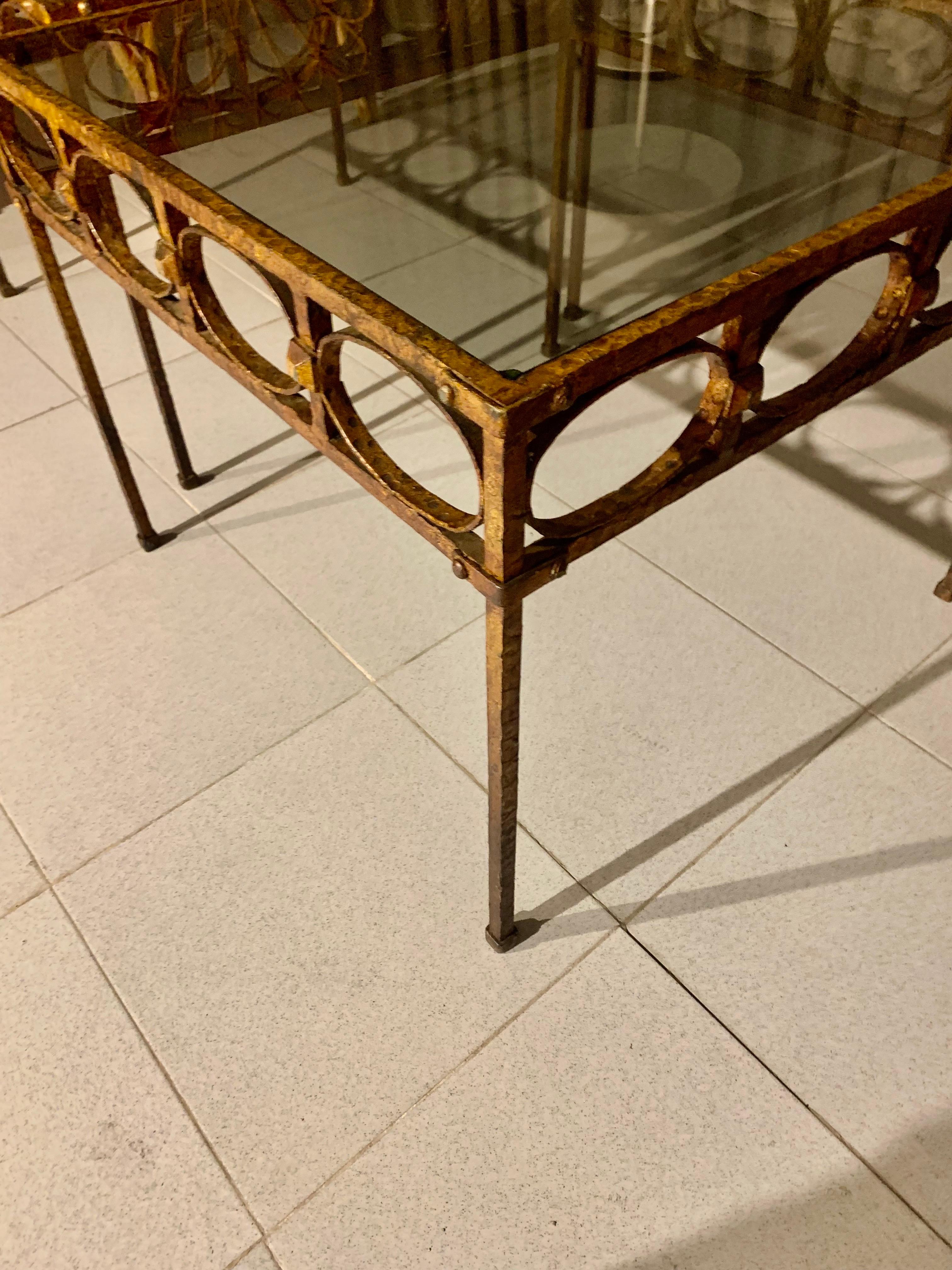 Pair Spanish Gilt Hammer Iron Side Tables with Smoked Glass Top For Sale 3