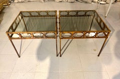 Pair Spanish Gilt Hammer Iron Side Tables with Smoked Glass Top