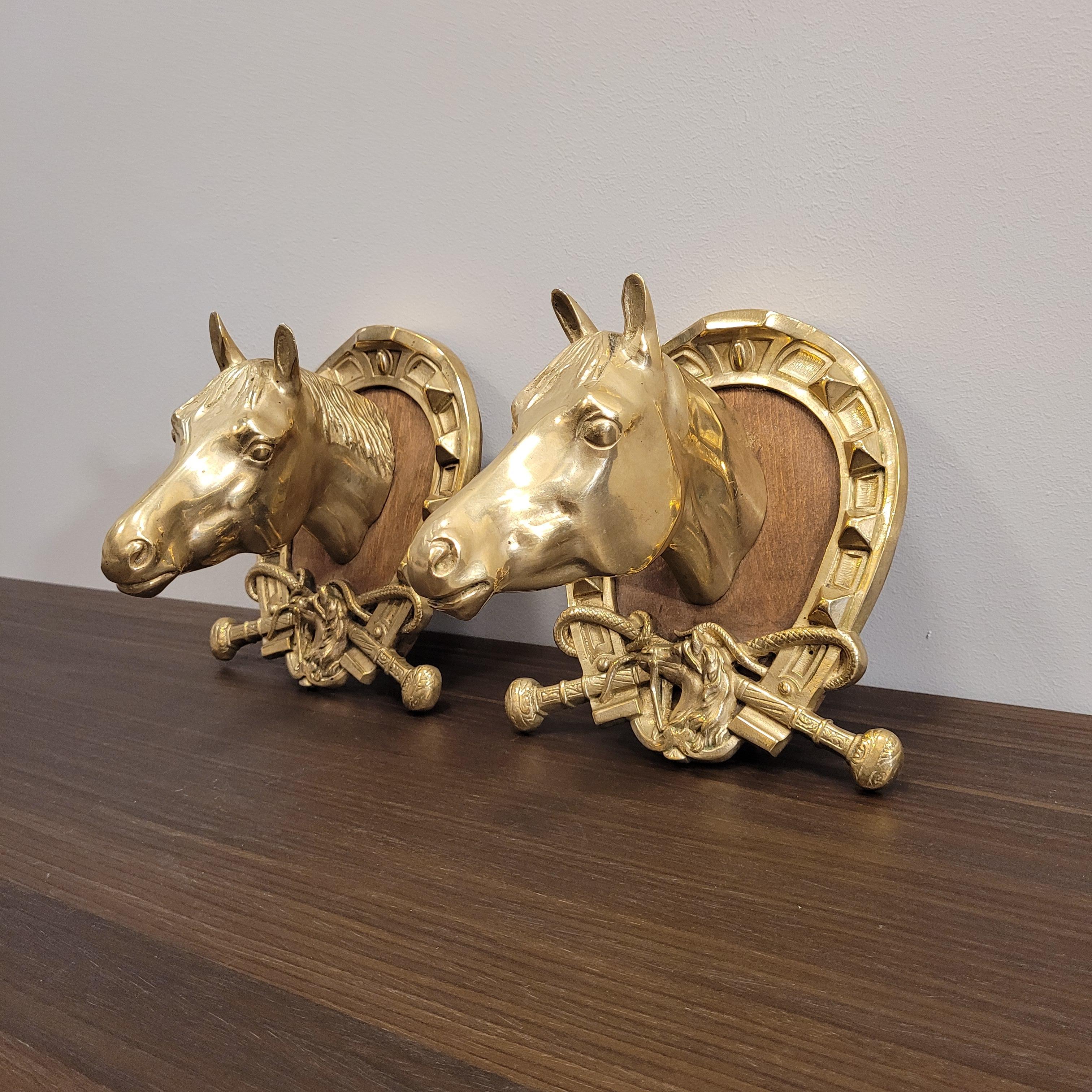 Pair Spanish Gold Bronze Busts of Horses in the Hermes style 1