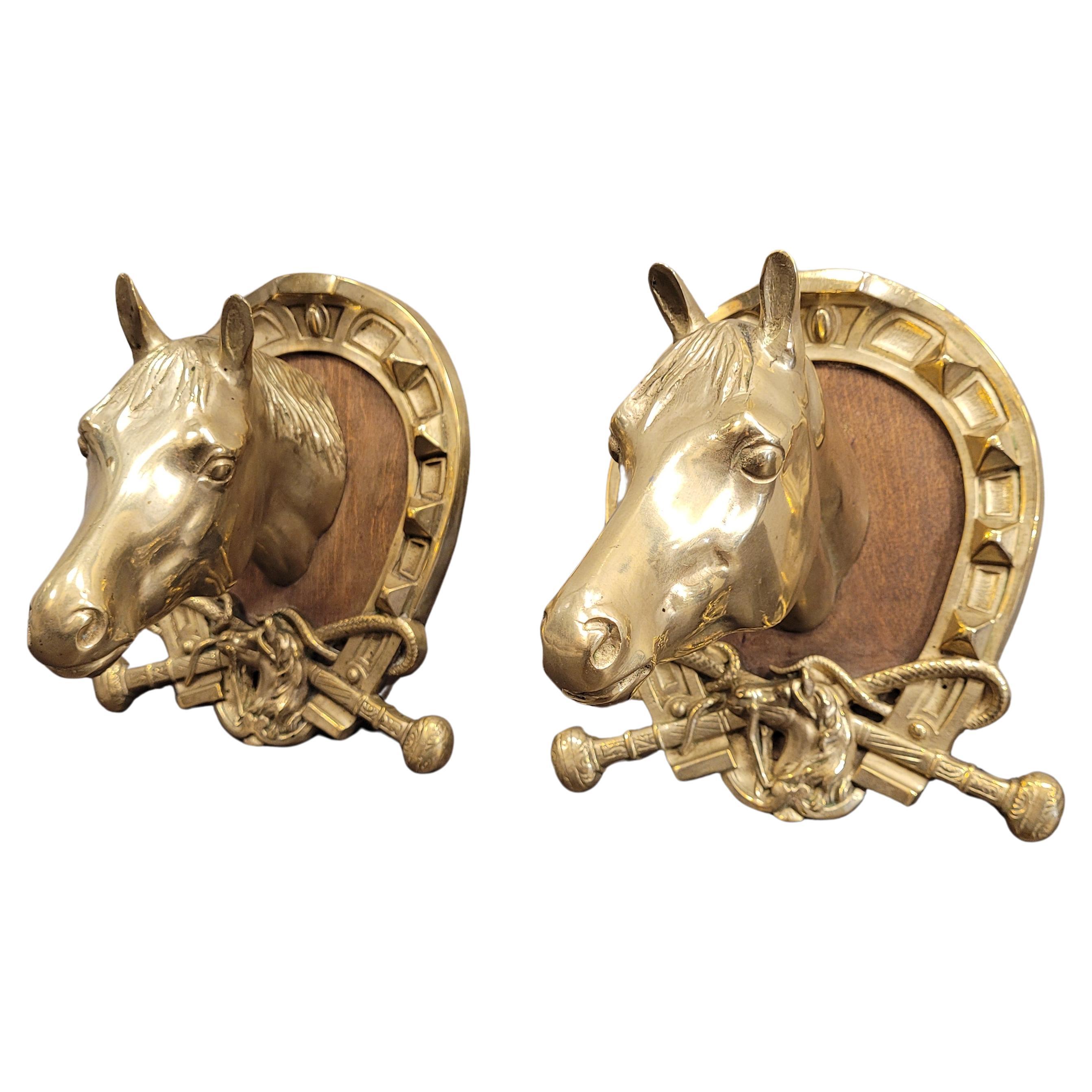 Pair Spanish Gold Bronze Busts of Horses in the Hermes style