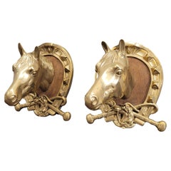 Retro Pair Spanish Gold Bronze Busts of Horses in the Hermes style