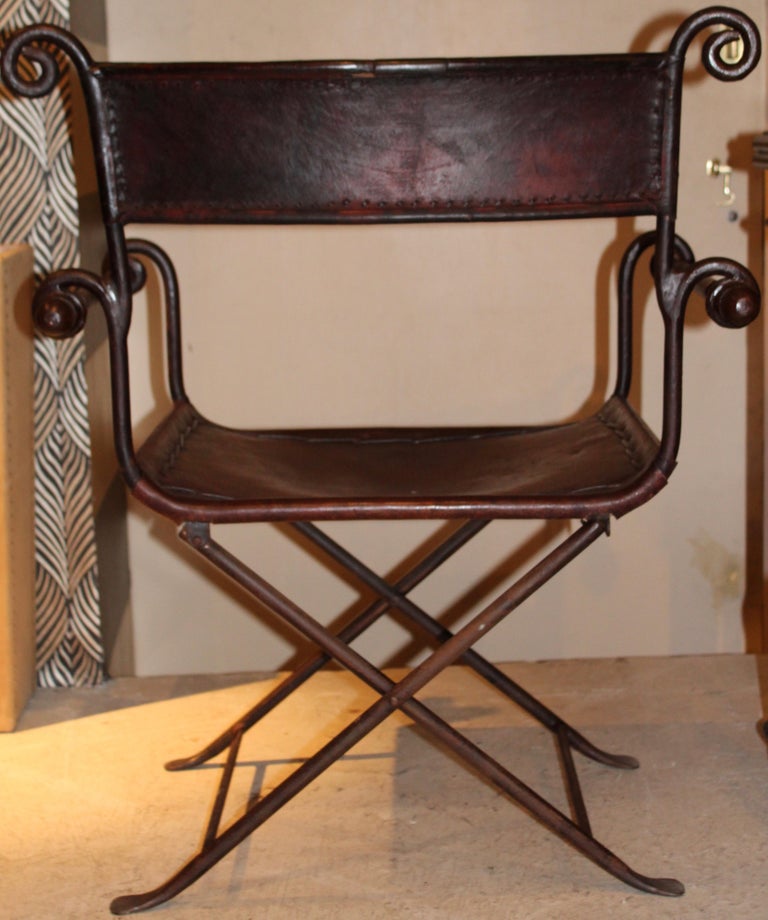 Pair of Spanish Iron Framed Leather Folding Chairs, circa 1950 For Sale