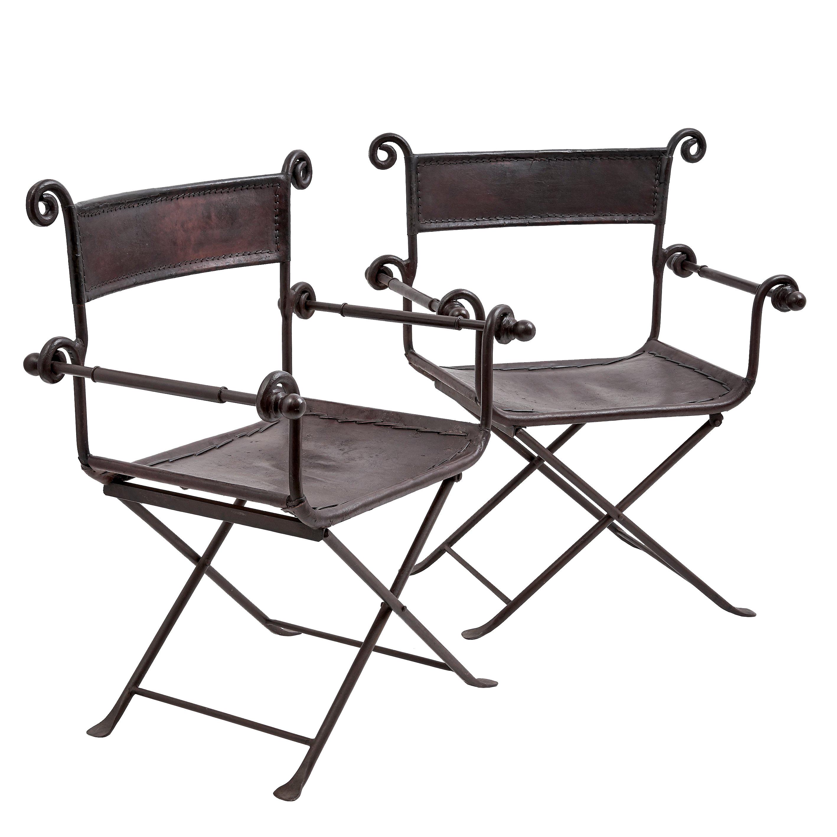 Pair of Spanish Iron Framed Leather Folding Chairs, circa 1950 For Sale