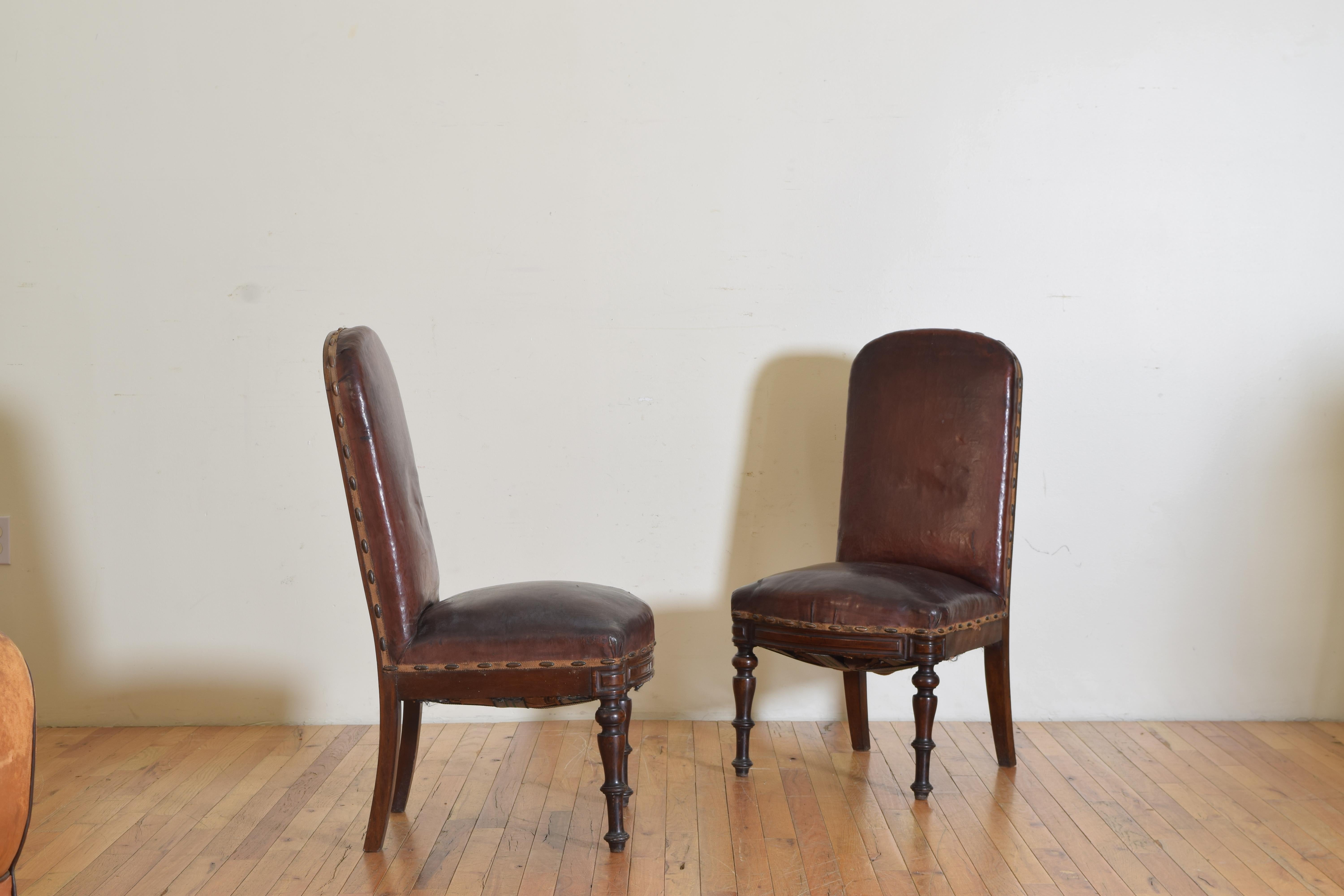 Louis XIII Pair Spanish Mid Neoclassic Period Walnut & Leather Salon Chairs, ca. 1830