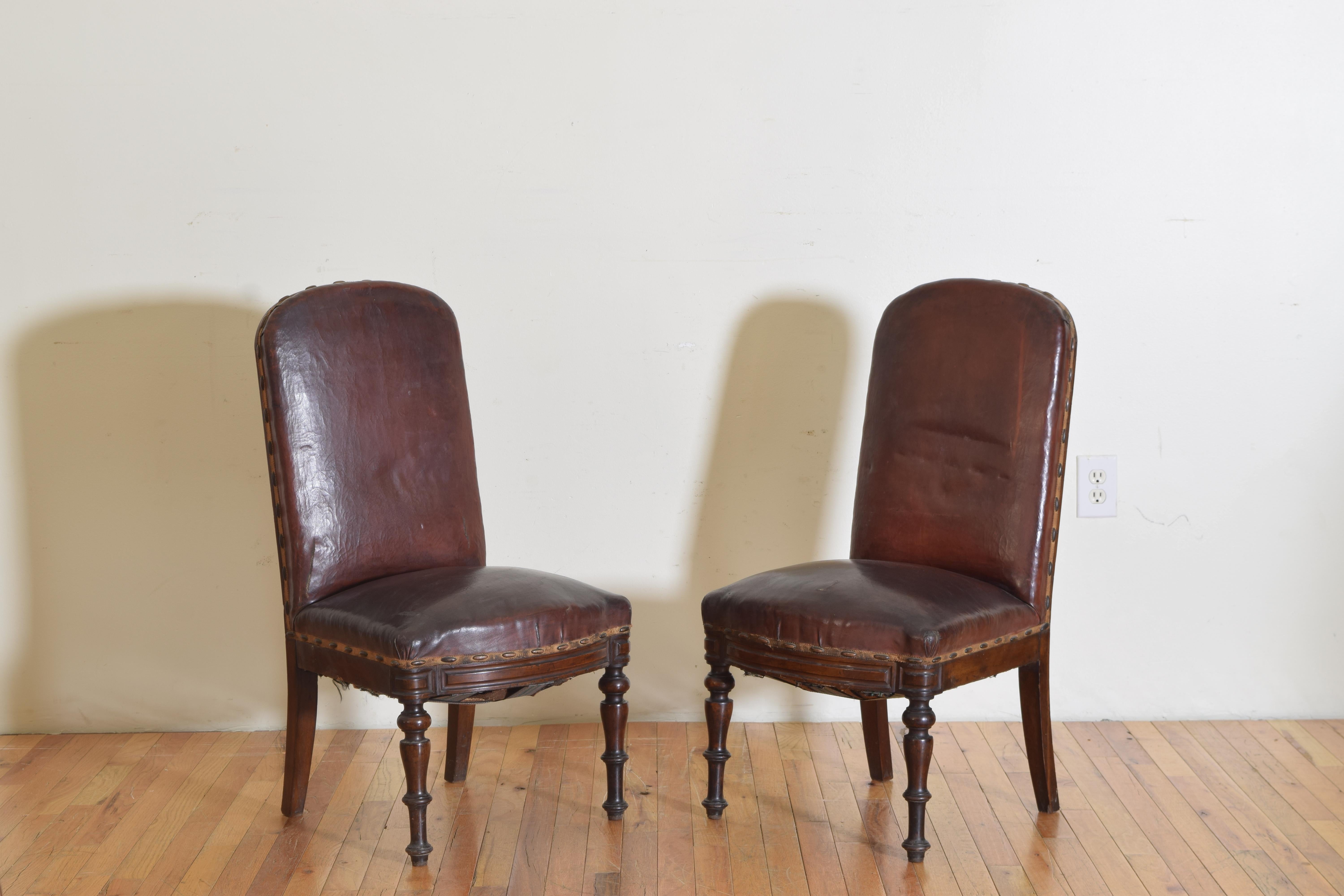 Pair Spanish Mid Neoclassic Period Walnut & Leather Salon Chairs, ca. 1830 In Good Condition In Atlanta, GA