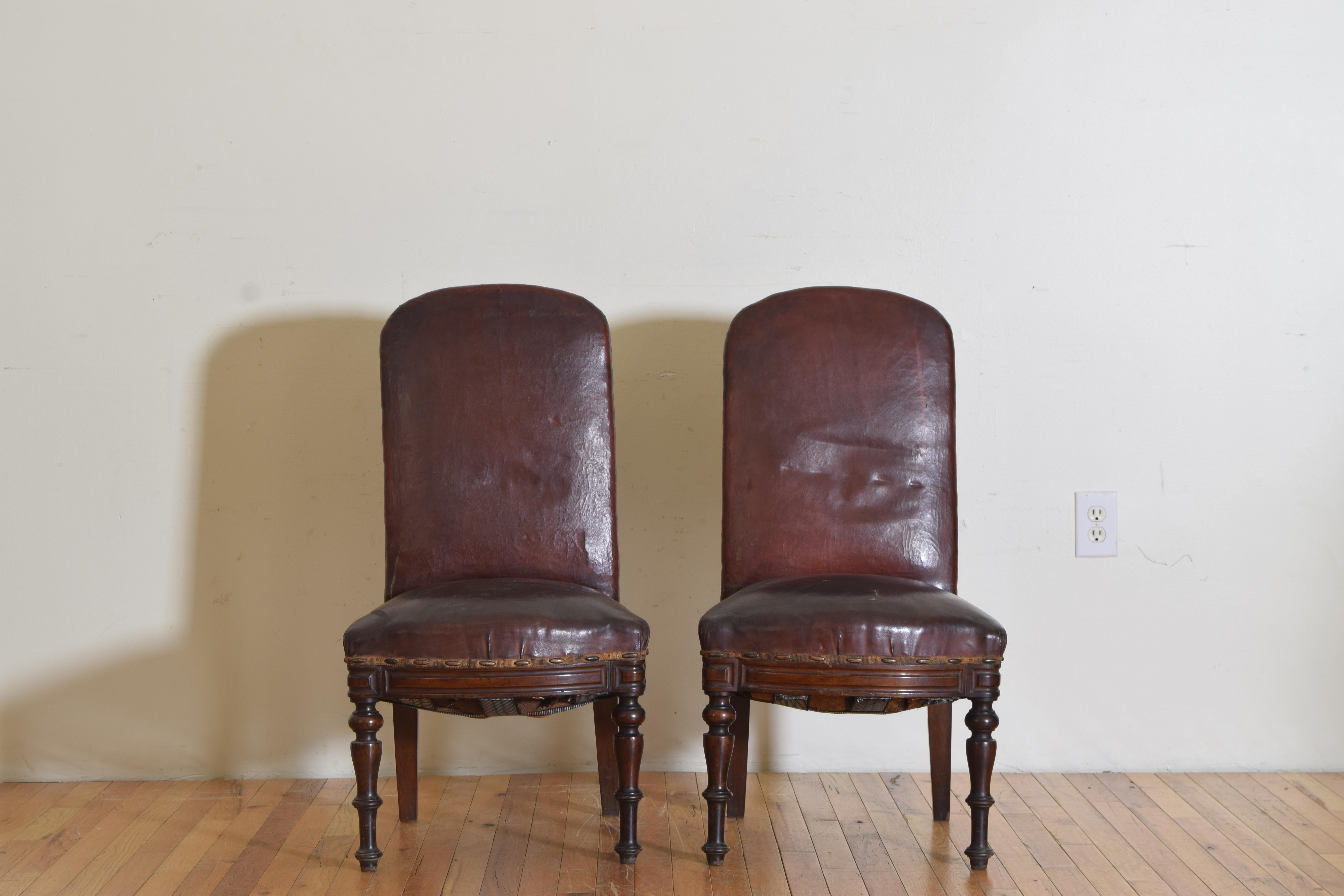 Mid-19th Century Pair Spanish Mid Neoclassic Period Walnut & Leather Salon Chairs, ca. 1830