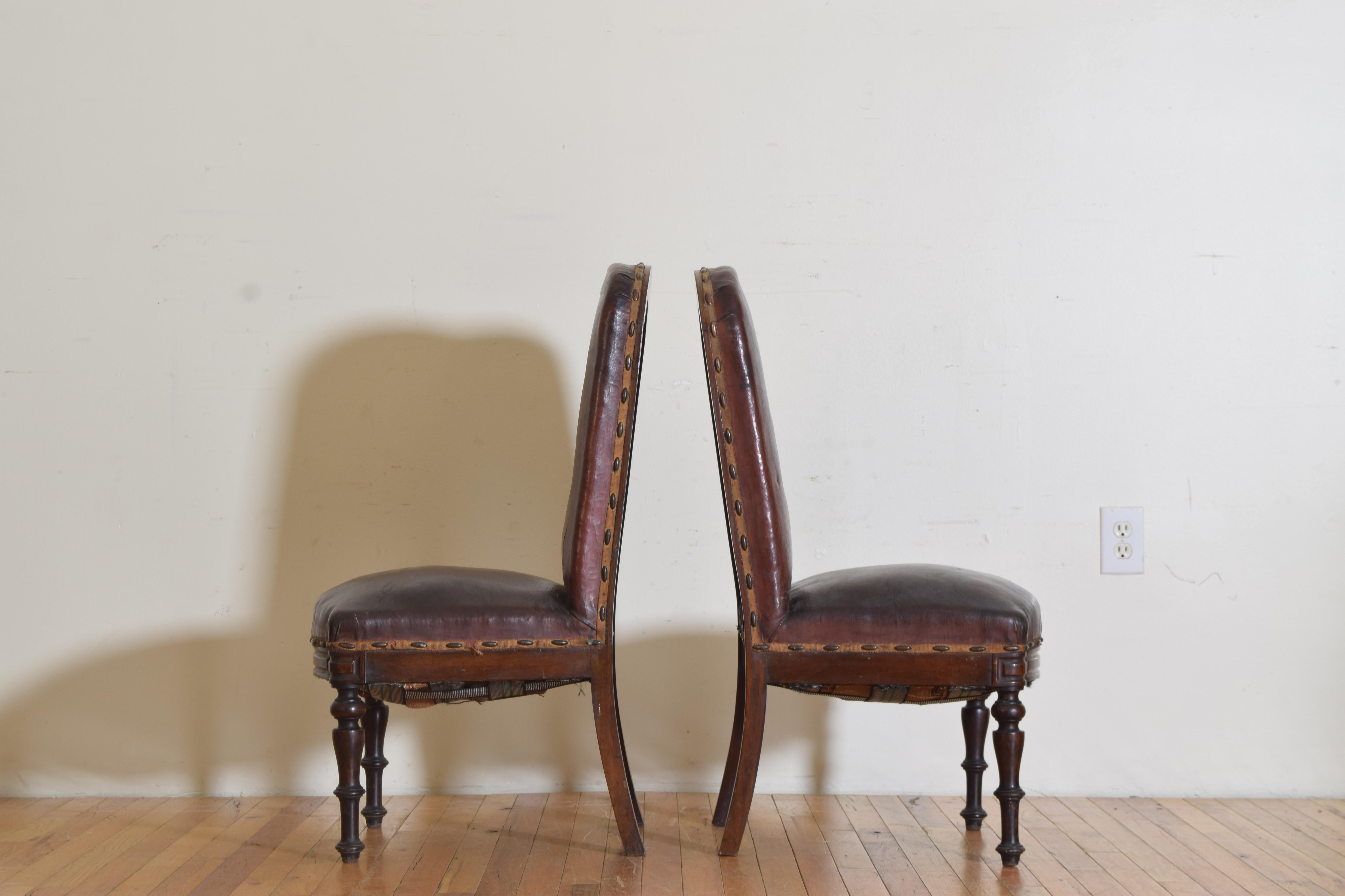 Pair Spanish Mid Neoclassic Period Walnut & Leather Salon Chairs, ca. 1830 1