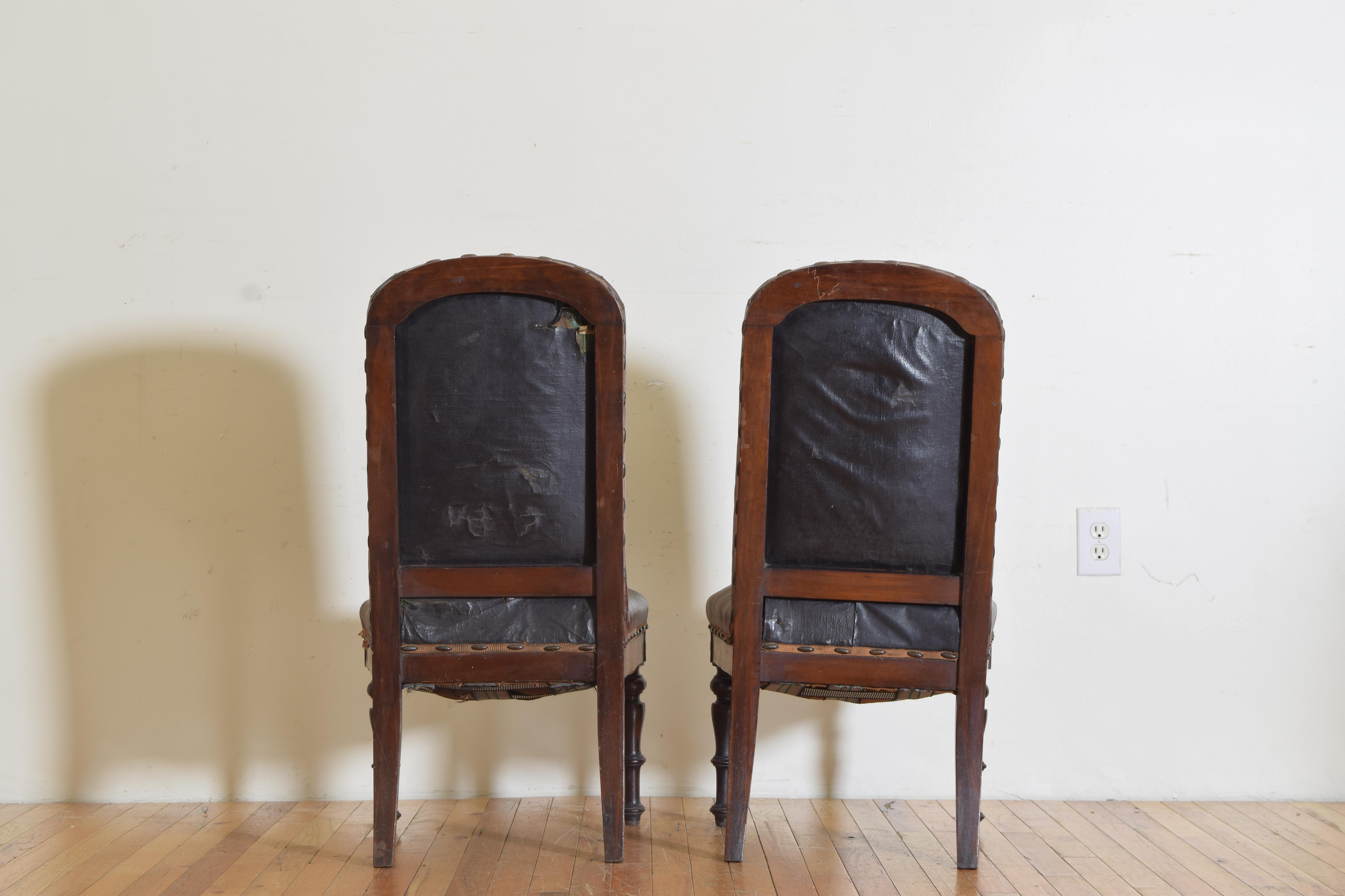 Pair Spanish Mid Neoclassic Period Walnut & Leather Salon Chairs, ca. 1830 2