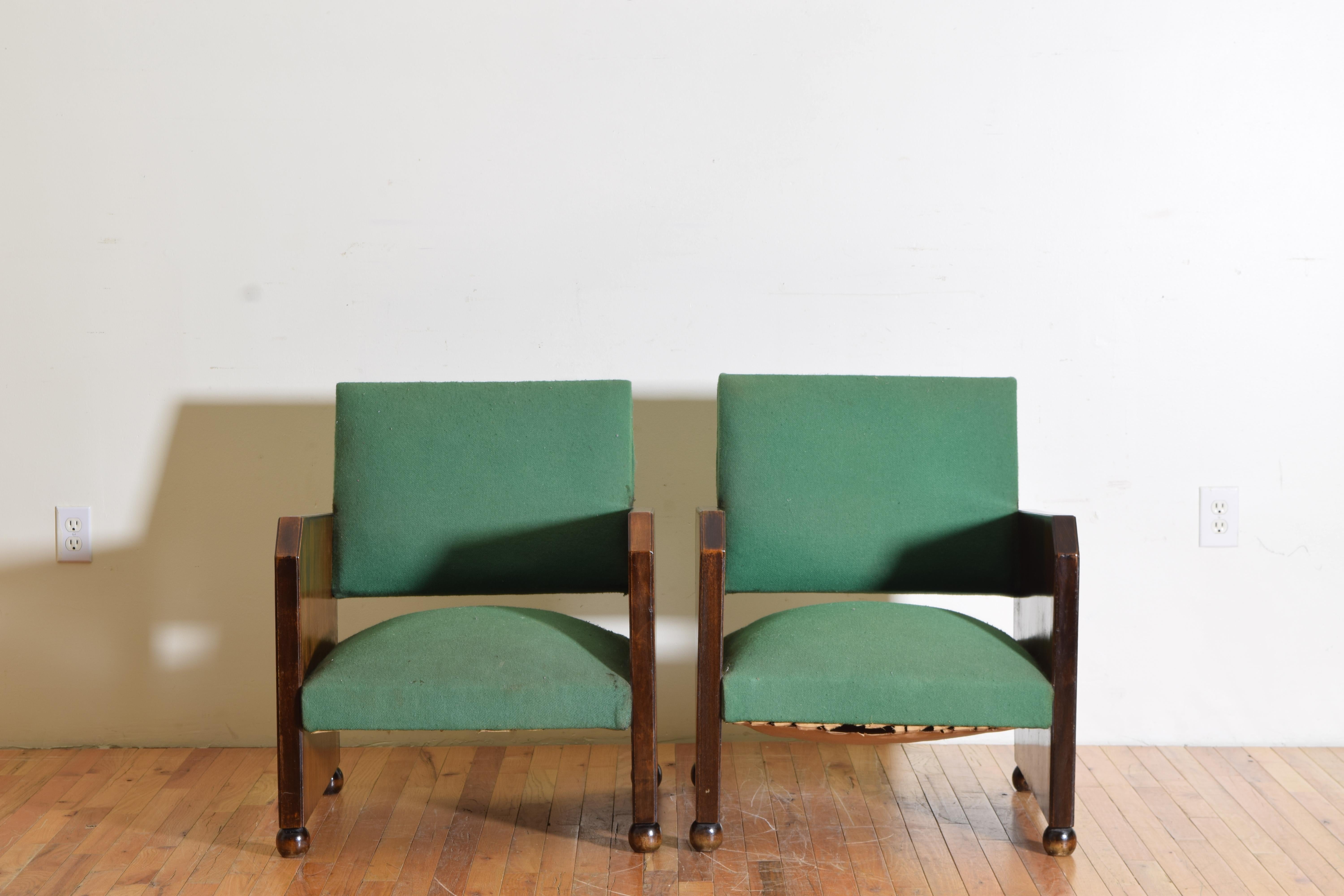 Pair Spanish, Madrid, Walnut and Upholstered Armchairs, circa 1920-1930 In Good Condition In Atlanta, GA