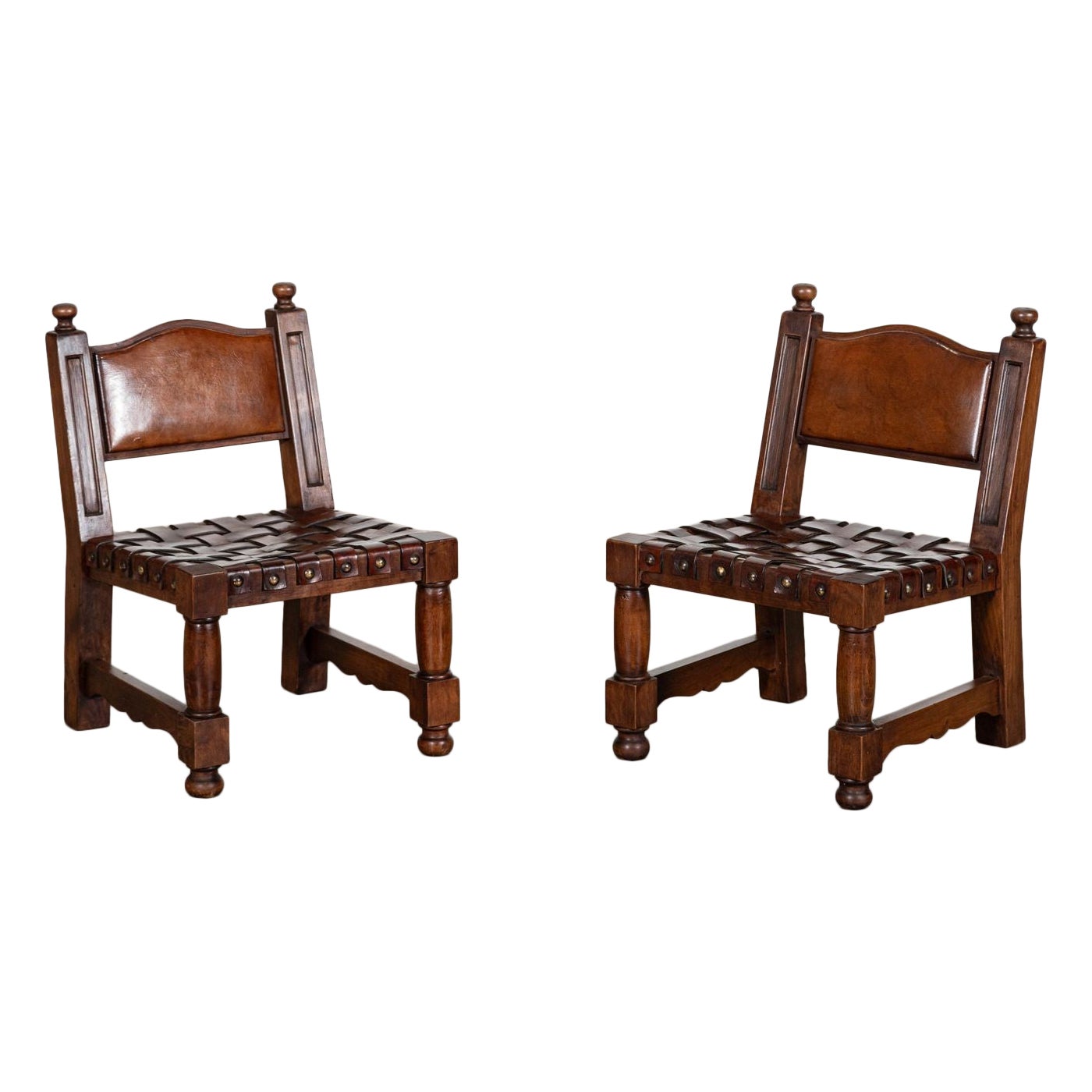 Pair Spanish Mid 20thC Brutalist Walnut Chairs For Sale