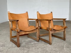 Pair Spanish Mid-Century Sling Lounge Chairs, Saddle Leather & Wood, 1960s