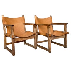 Pair Spanish Mid-Century Sling Lounge Chairs, Saddle Leather & Wood, 1960s