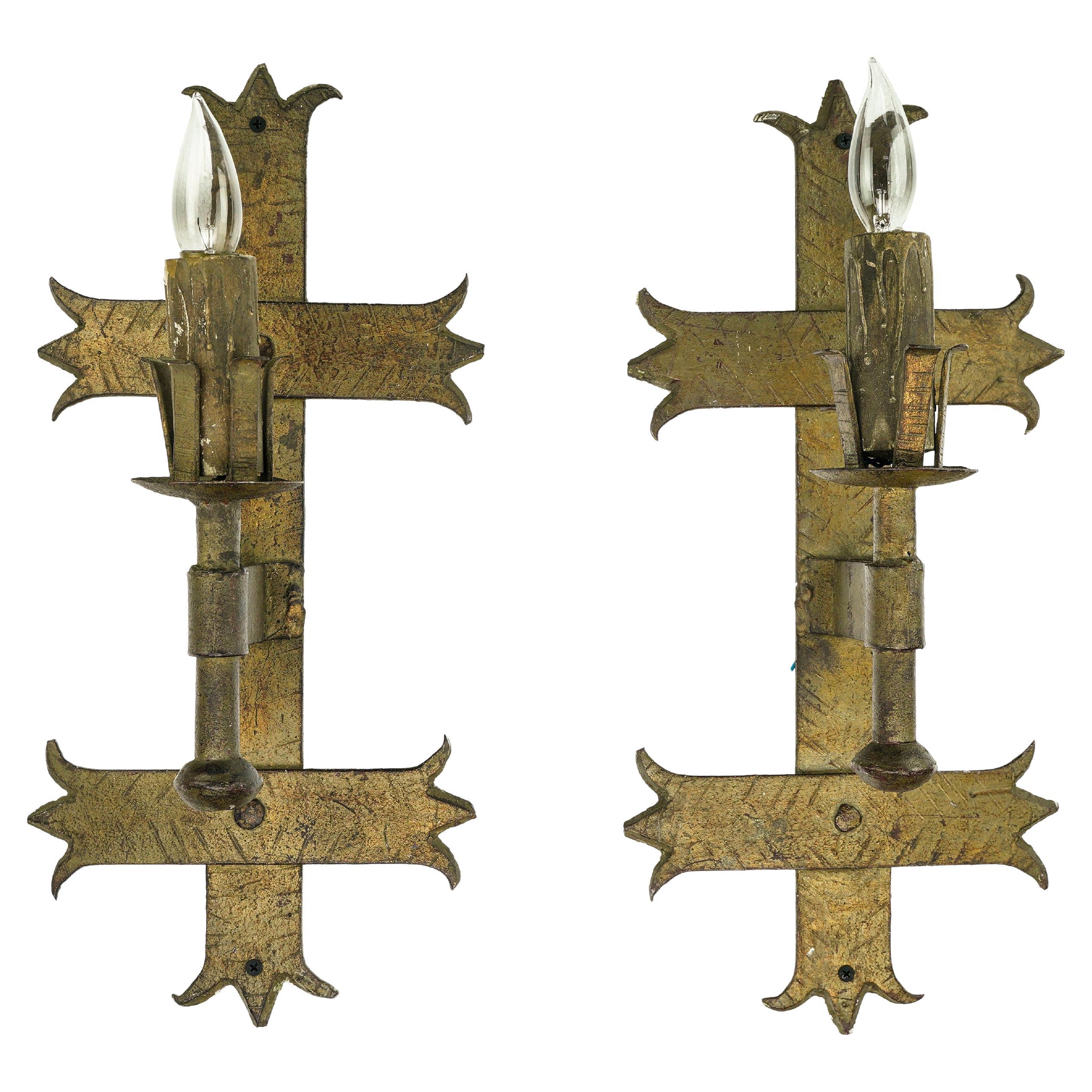 Pair Spanish Revival Bronze Finish Steel Wall Sconces