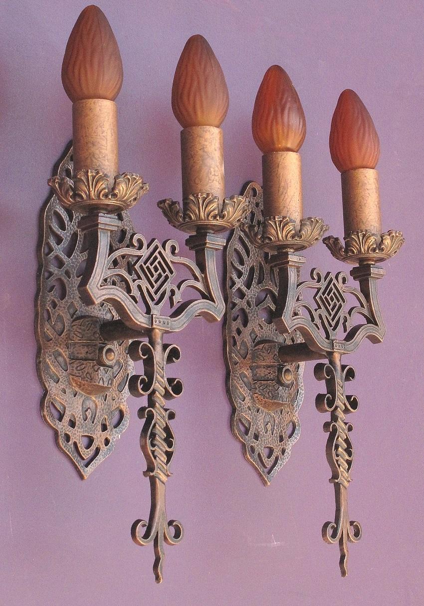 Painted Pair Spanish Revival Sconces Late 1920s For Sale