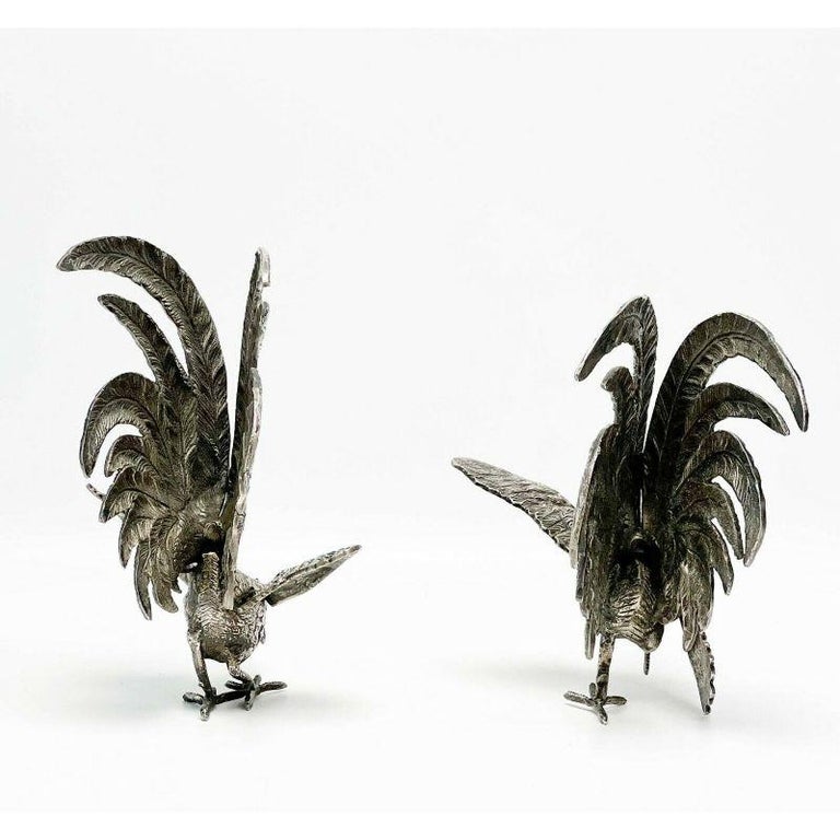 Pair Spanish Solid Silver Fighting Cocks Roosters Figures 2nd Quarter, 20th Cen In Good Condition For Sale In Gardena, CA