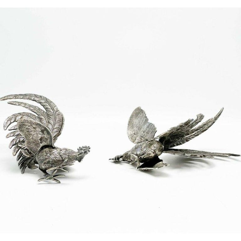 20th Century Pair Spanish Solid Silver Fighting Cocks Roosters Figures 2nd Quarter, 20th Cen For Sale