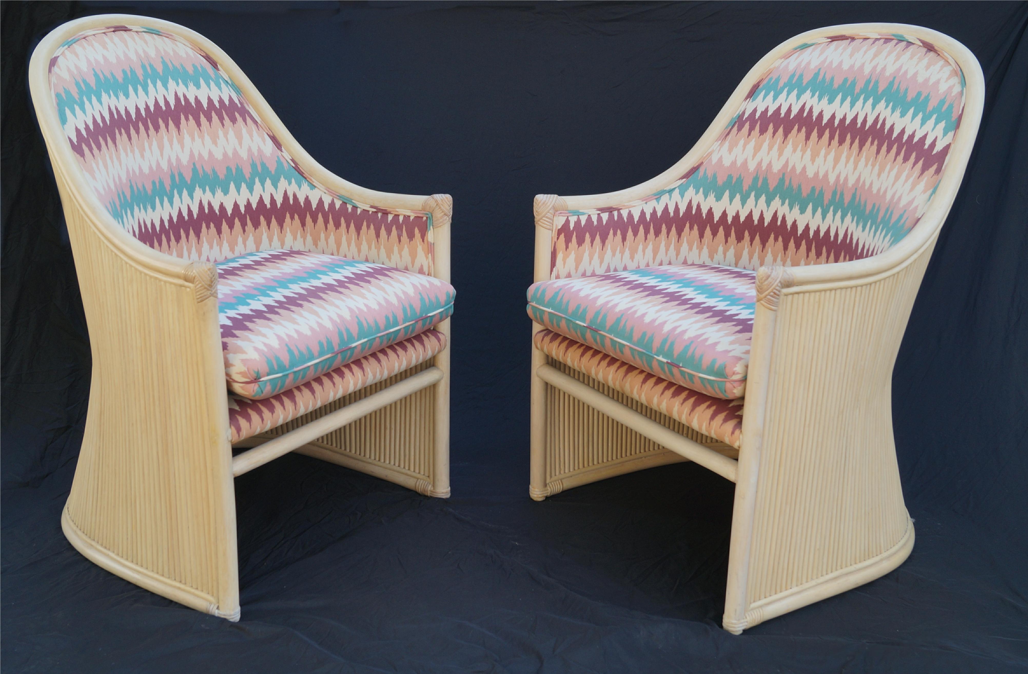 Bohemian Pair Split Reed Side End Accent Arm Chairs Henry Olko Willow and Reed Coastal For Sale