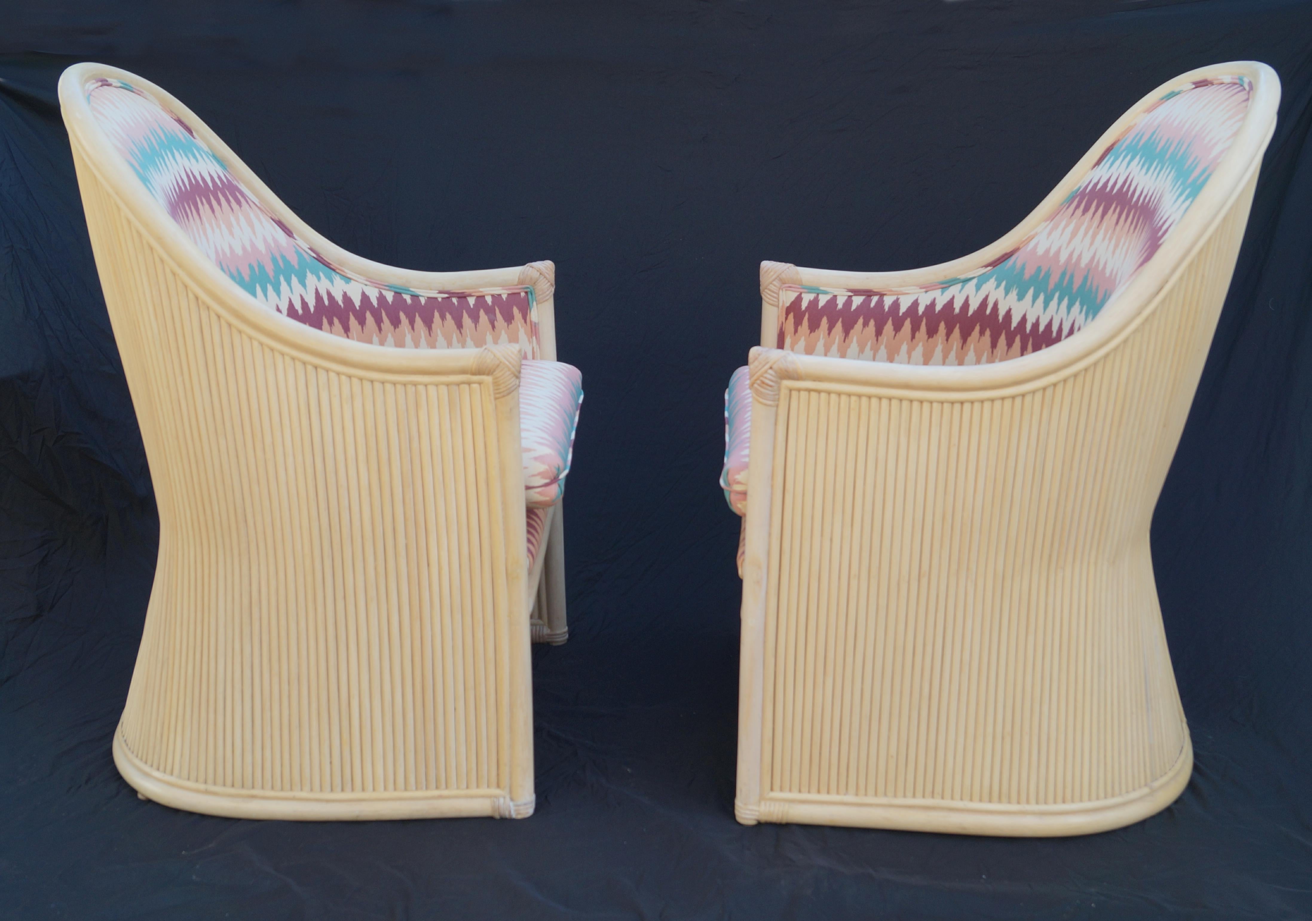 American Pair Split Reed Side End Accent Arm Chairs Henry Olko Willow and Reed Coastal For Sale