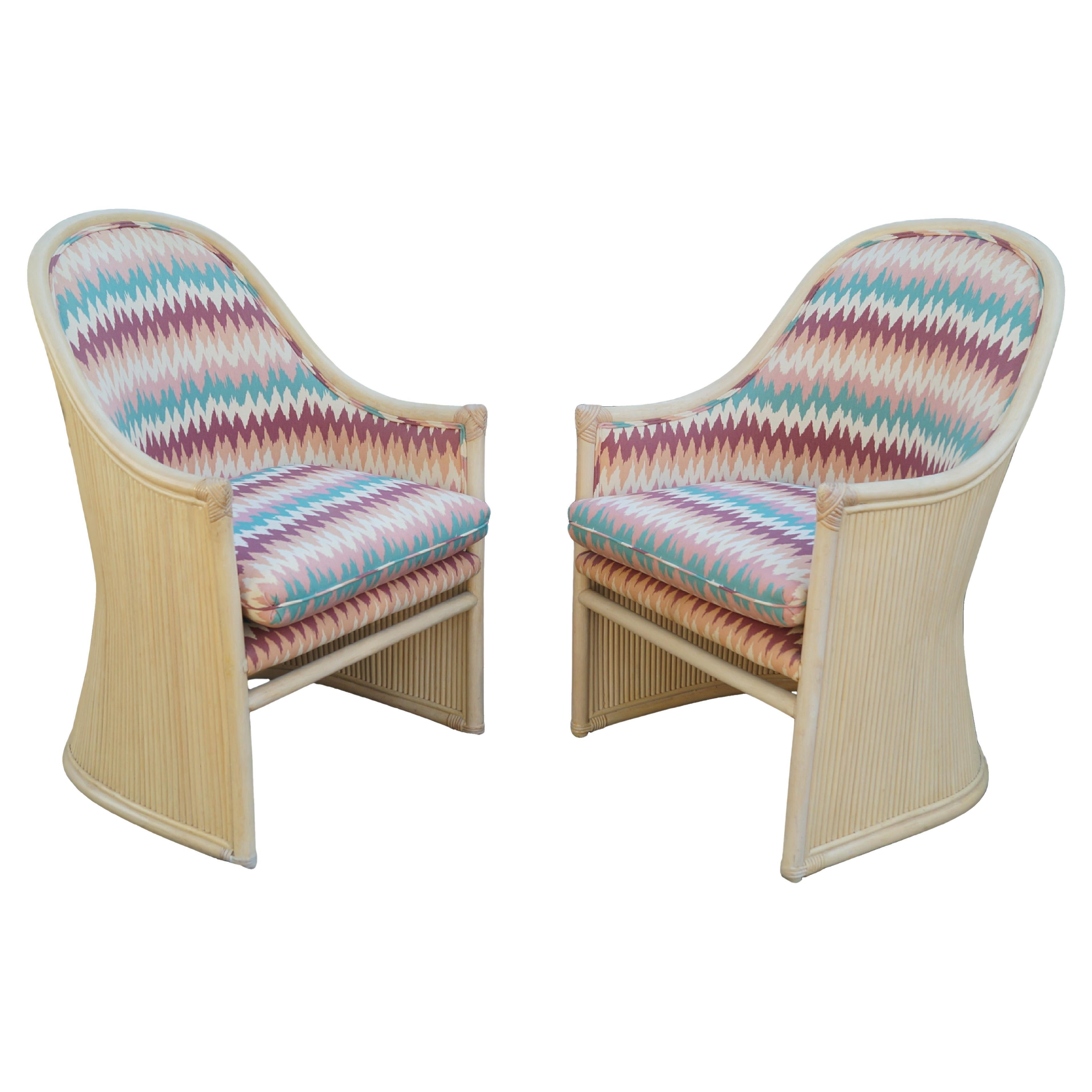 Pair Split Reed Side End Accent Arm Chairs Henry Olko Willow and Reed Coastal For Sale