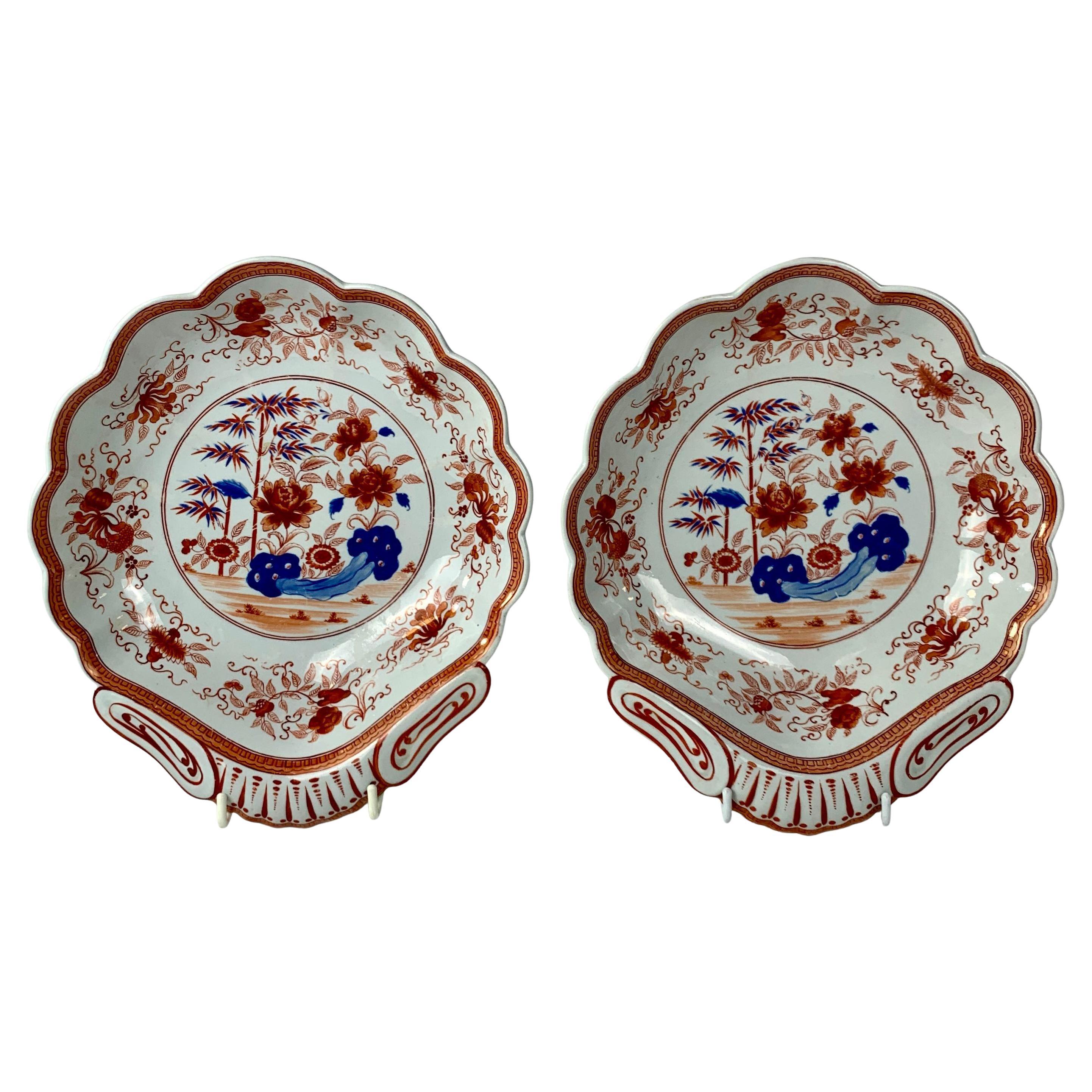 Pair Antique Spode Shell-Shaped Dishes Orange and Blue Pattern England Circa 182