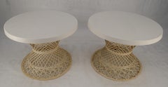 Pair Spun Fiberglass 24" Round Stone Textured Tops End Side Tables Woodard MINT