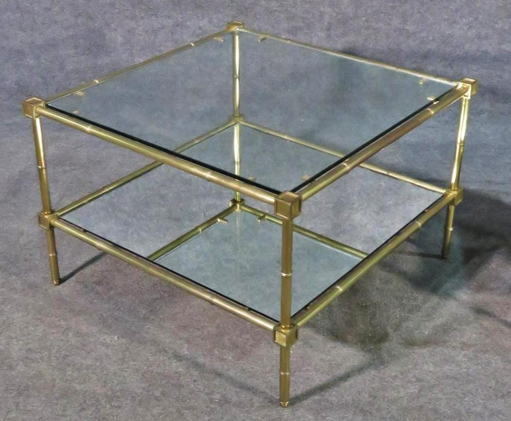 French Pair Square Brass Bagues Style Mid-Century Modern Faux Bamboo End Tables C1960