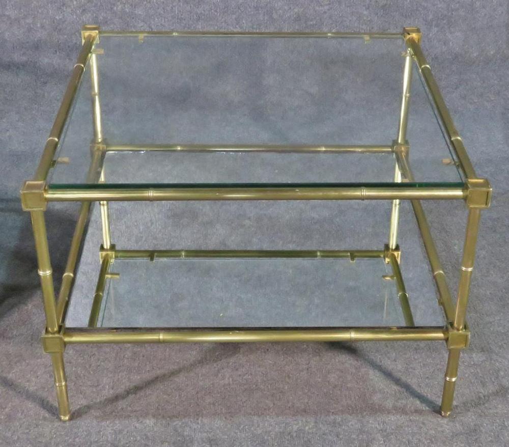 Pair Square Brass Bagues Style Mid-Century Modern Faux Bamboo End Tables C1960 In Good Condition In Swedesboro, NJ