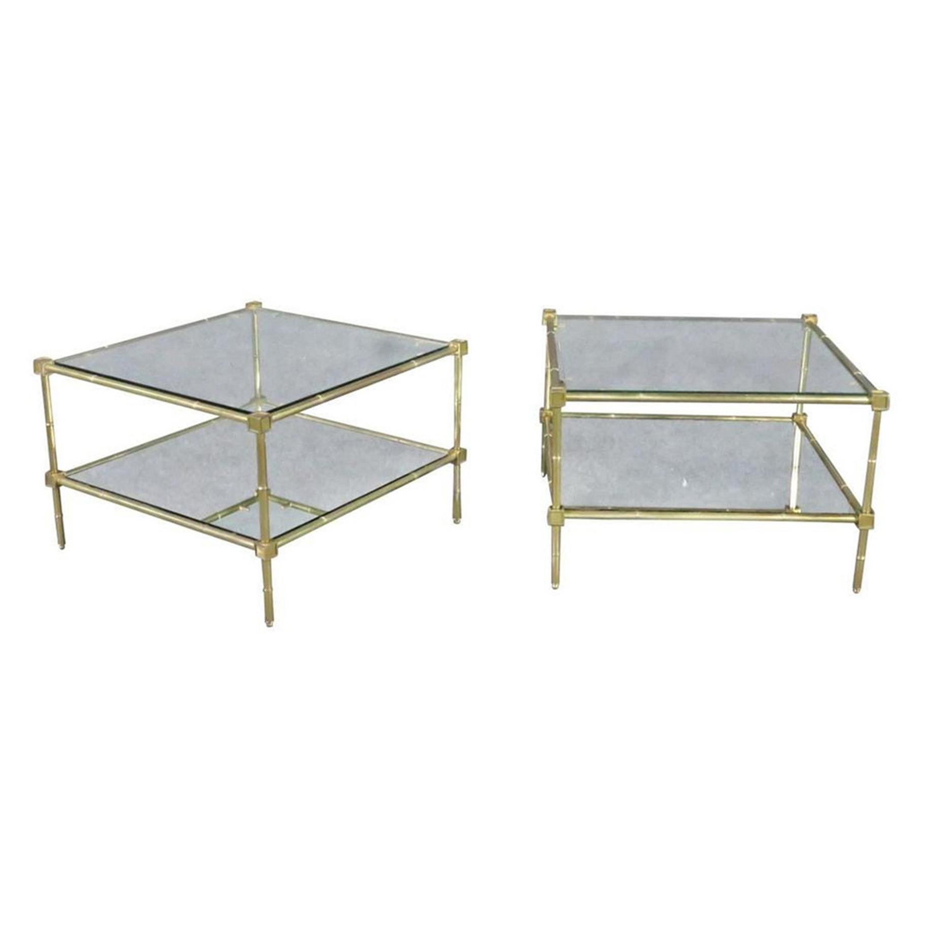 Pair Square Brass Bagues Style Mid-Century Modern Faux Bamboo End Tables C1960