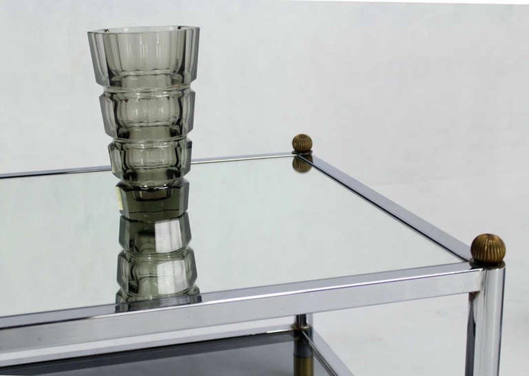Pair Square Chrome & Brass Smoked Glass Shelf Mirrored Top End Side Tables MINT! In Good Condition For Sale In Rockaway, NJ