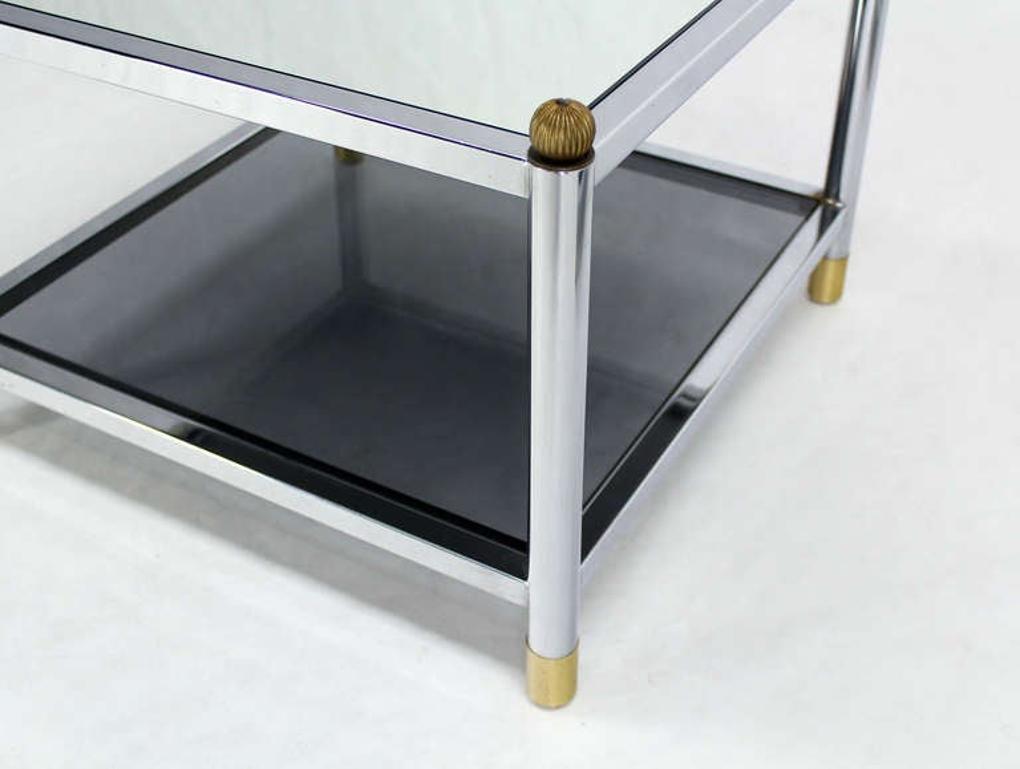 20th Century Pair Square Chrome & Brass Smoked Glass Shelf Mirrored Top End Side Tables MINT! For Sale