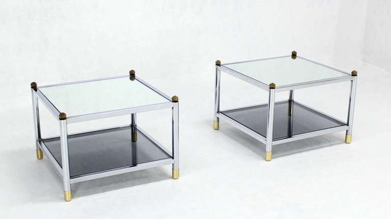 Aluminum Pair Square Chrome & Brass Smoked Glass Shelf Mirrored Top End Side Tables MINT! For Sale